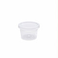 Set of five Reign Goods clear plastic round sauce pots with lids, 4oz/120ml, BPA-free, microwave and freezer safe for food storage.