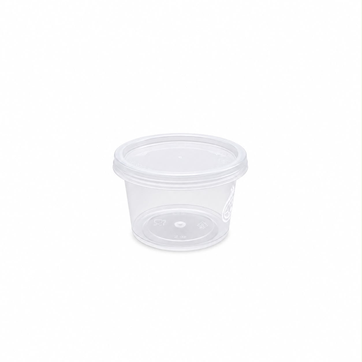 Set of five Reign Goods clear plastic round sauce pots with lids, 4oz/120ml, BPA-free, microwave and freezer safe for food storage.