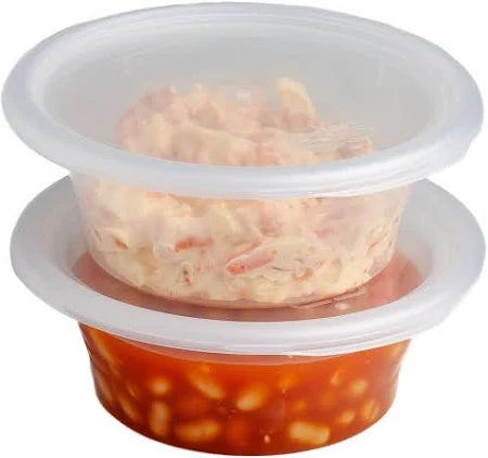 Set of five Reign Goods clear plastic round sauce pots with lids, 8oz, BPA-free, microwave and freezer safe for food storage.