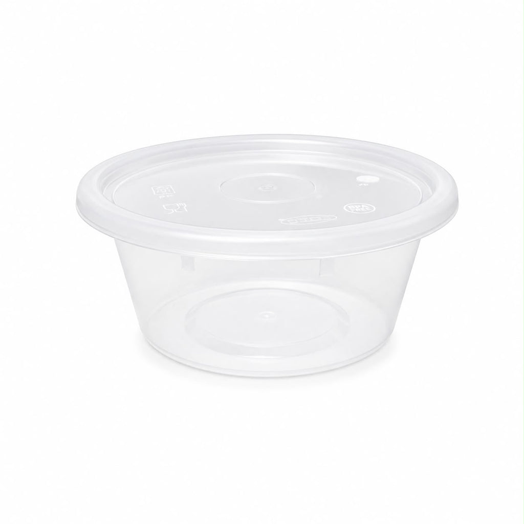 Set of five Reign Goods clear plastic round sauce pots with lids, 8oz (240ml), BPA-free, microwave and freezer safe for food storage.