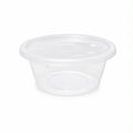 Set of five Reign Goods clear plastic round sauce pots with lids, 8oz (240ml), BPA-free, microwave and freezer safe for food storage.
