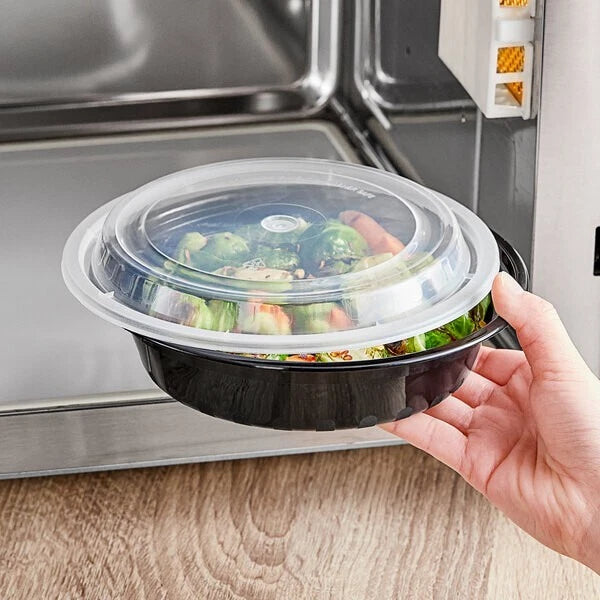 Set of five Reign Goods reusable round food storage containers, 32oz BPA-free, microwave and freezer safe with lids.