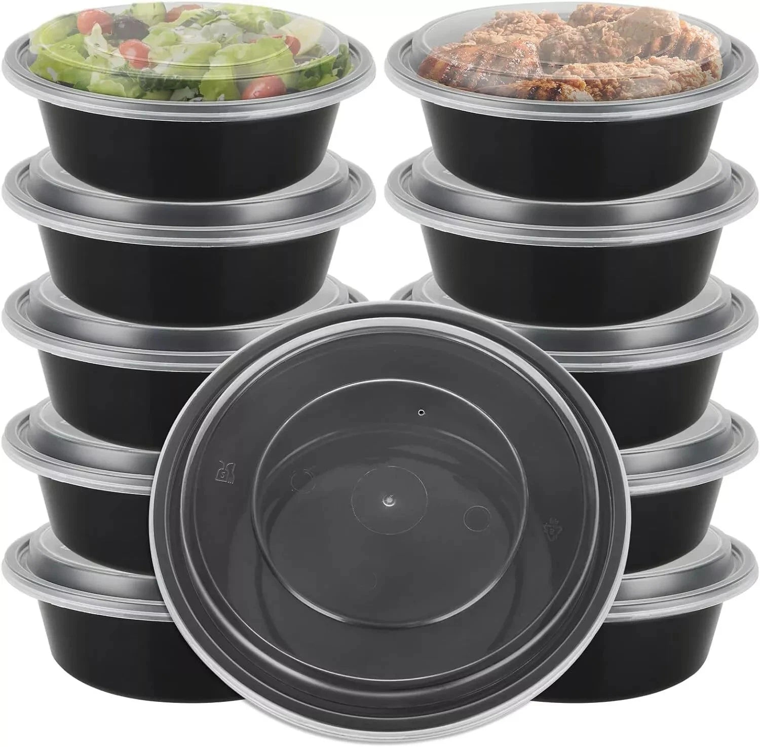 Set of five Reign Goods reusable round meal prep containers, 32oz BPA-free, microwave and freezer safe food storage with lids.