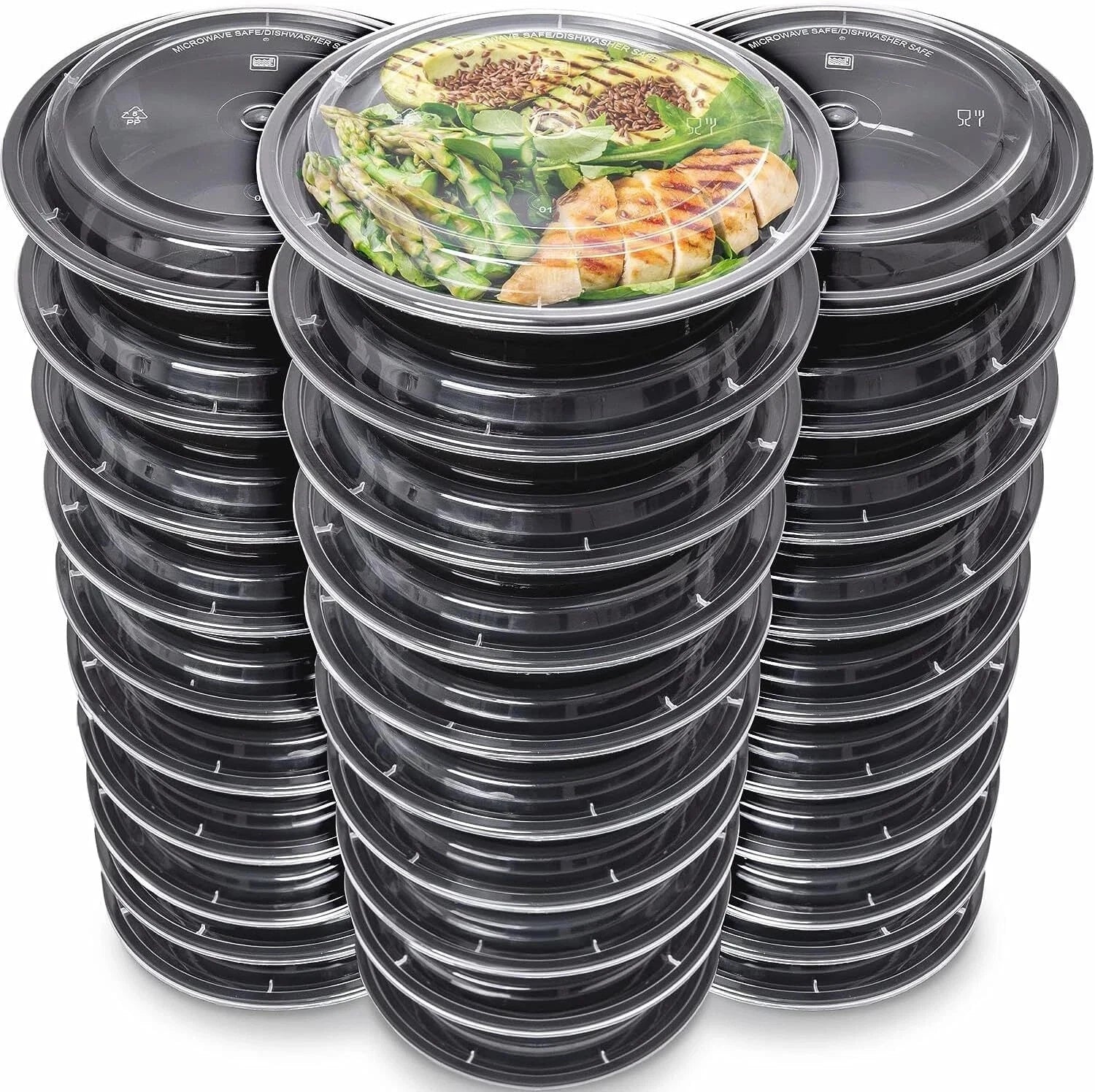 Set of five Reign Goods reusable round food storage containers, 48oz BPA-free with lids, microwave and freezer safe.