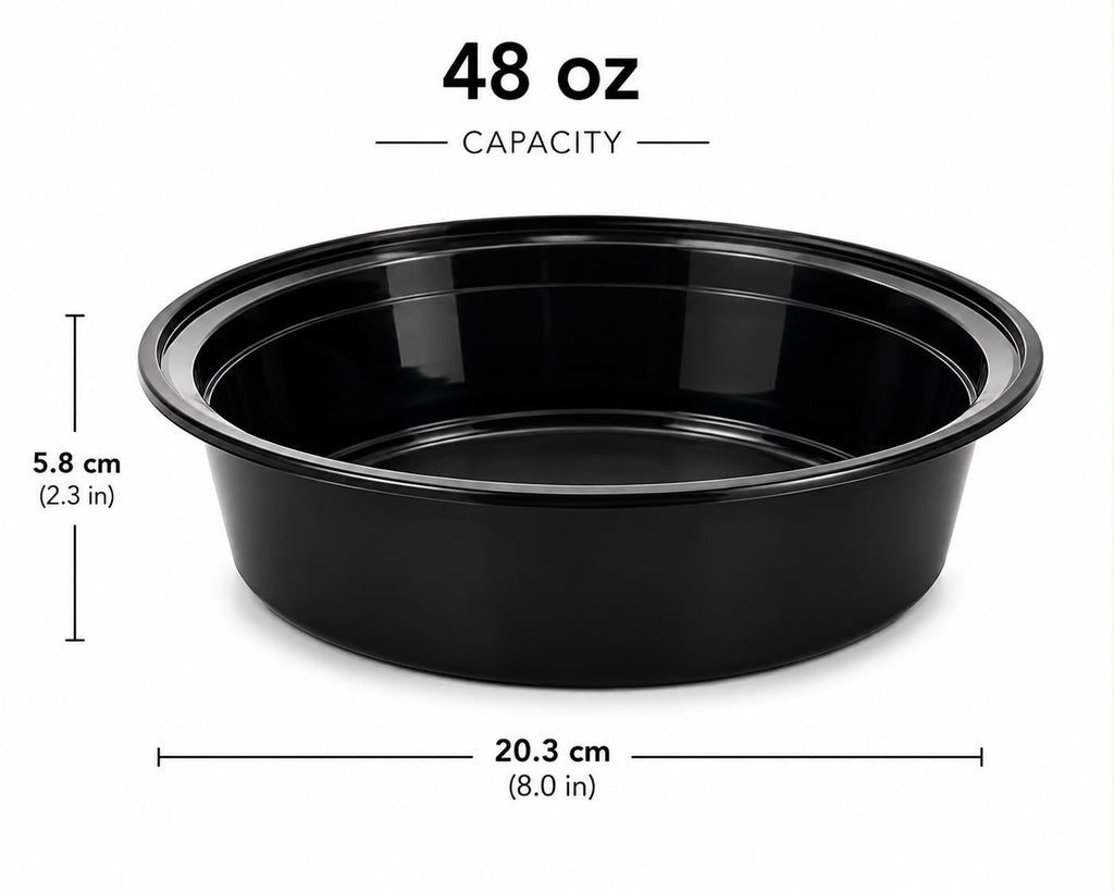 Set of five Reign Goods reusable round meal prep containers, 48oz, BPA-free, microwave and freezer safe, with lids for food storage.
