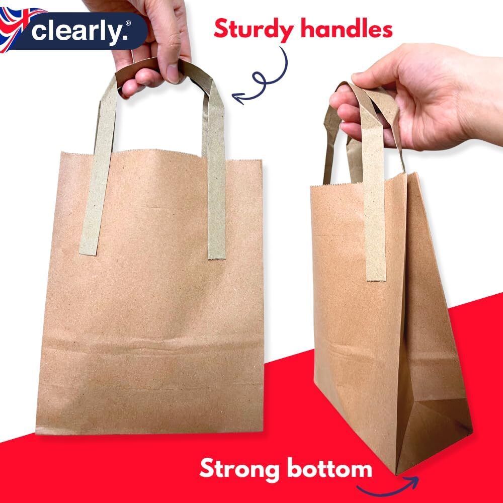 Large brown kraft paper bags with handles, recyclable takeaway carrier bags for eco-friendly packaging by Reign Goods.
