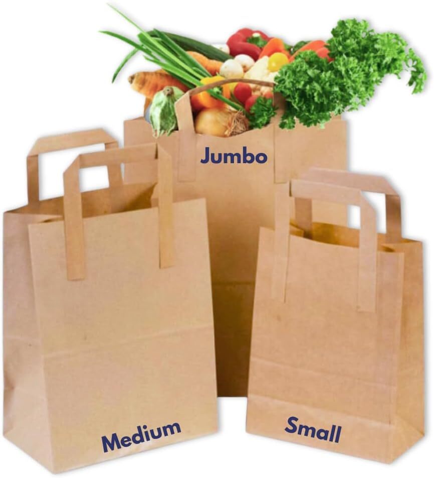 Large brown Kraft paper bags with handles, eco-friendly recyclable takeaway carrier bags by Reign Goods, ideal for packaging.