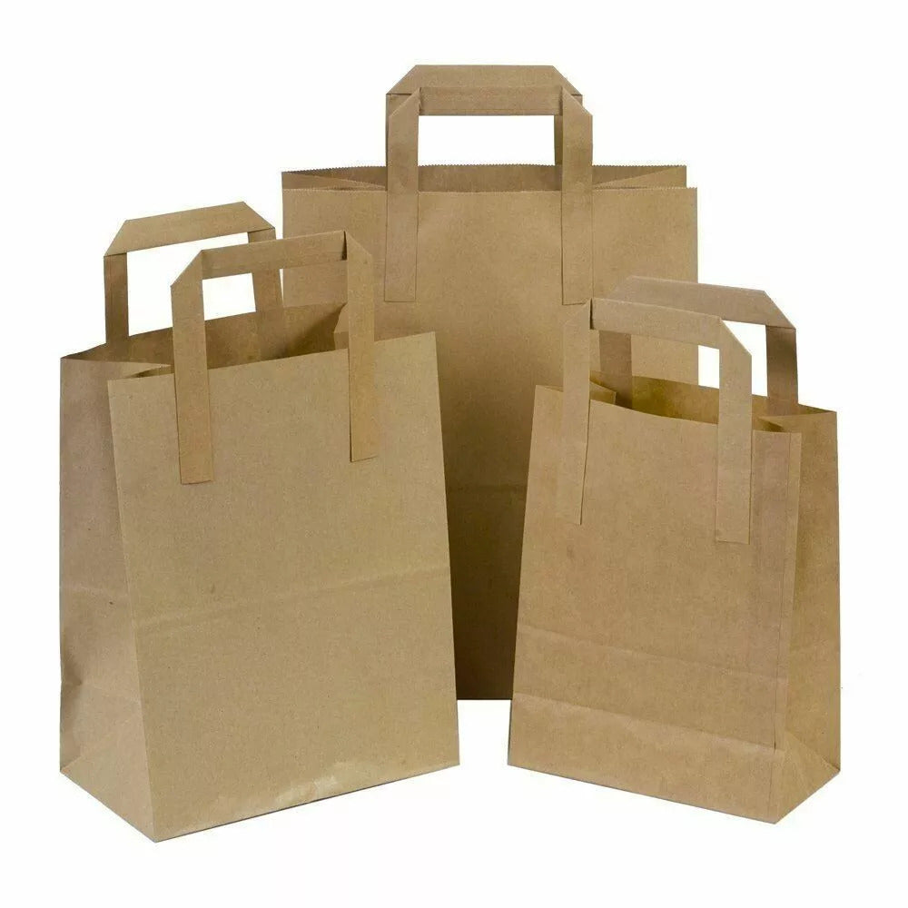 Large brown kraft paper bags with handles, recyclable takeaway carrier bags by Reign Goods, eco-friendly packaging for food delivery.
