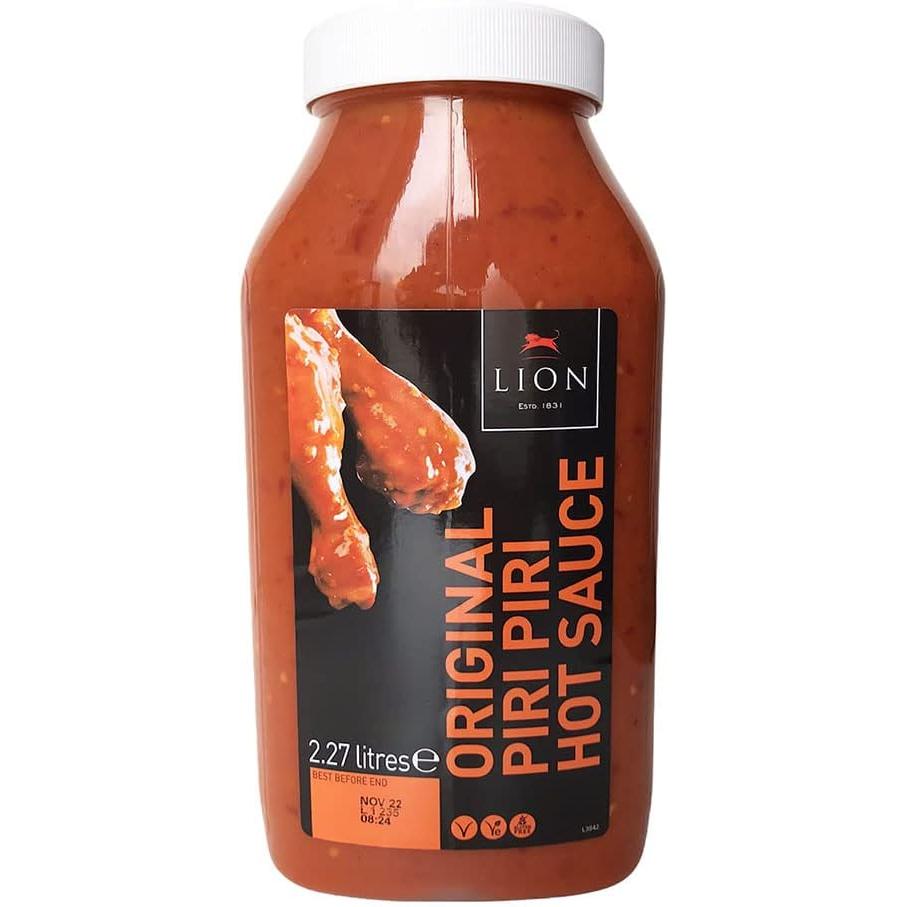 Lion Original Peri Peri Sauce 2.27L bottle, tangy and spicy marinade for chicken and BBQ from Reign Goods.