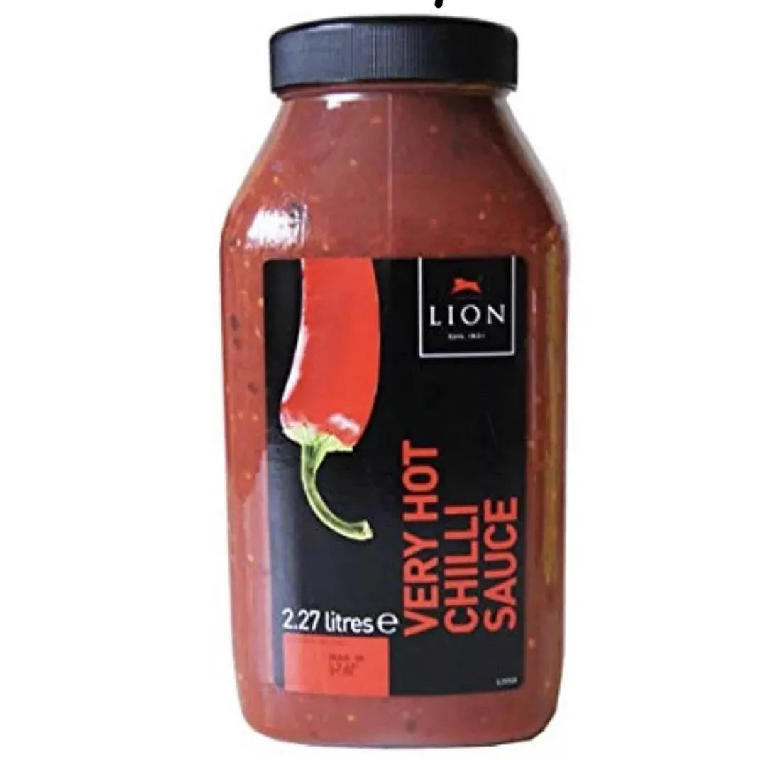 Reign Goods Lion Very Hot Chilli Sauce 2.27L bottle, extra spicy sauce with bold chili flavor in a large condiment bottle