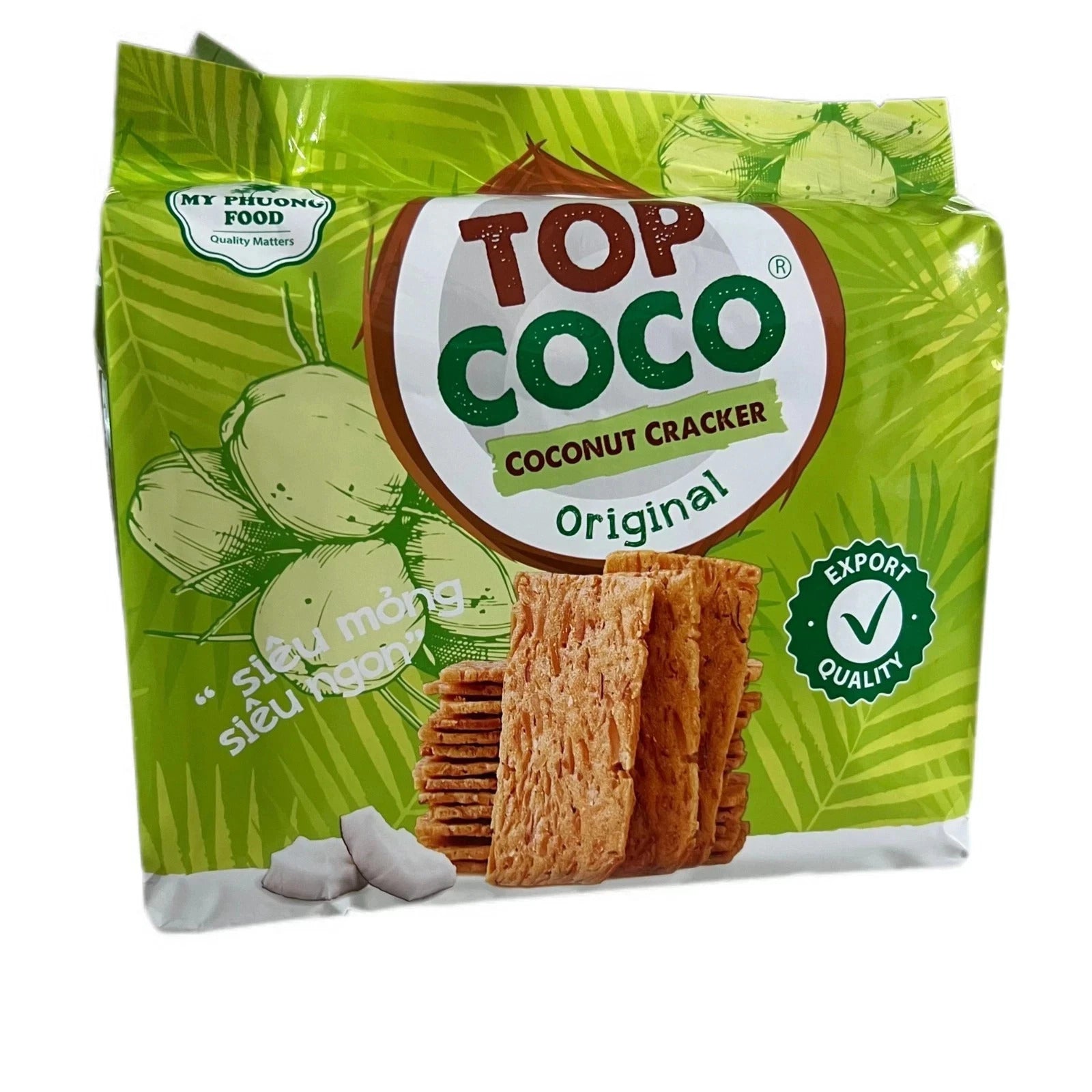Reign Goods TopCoco Vietnamese roasted coconut crackers, crispy vegan snack in a clear pack, natural coconut flavor, pack of 2.