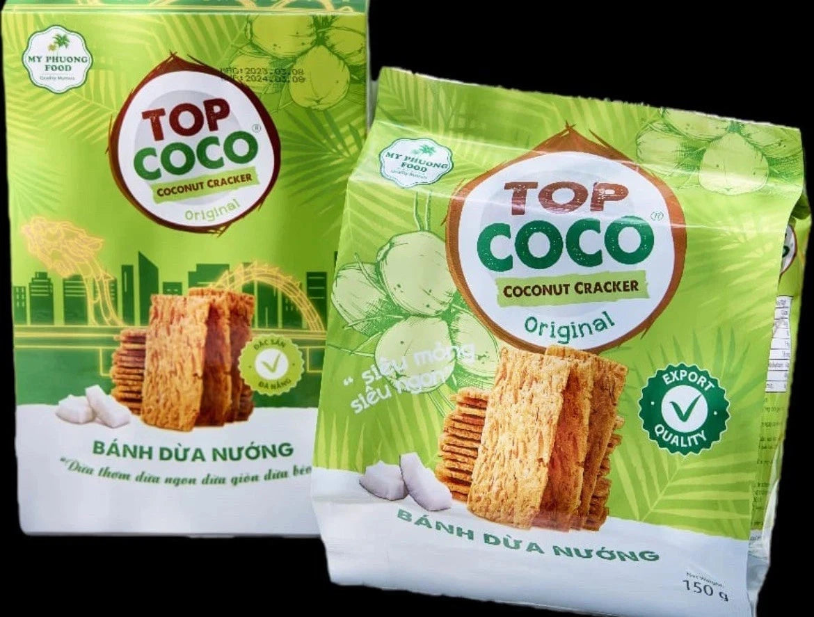 TopCoco Vietnamese roasted coconut crackers by Reign Goods, crispy, natural, vegan-friendly snack in a pack of two.