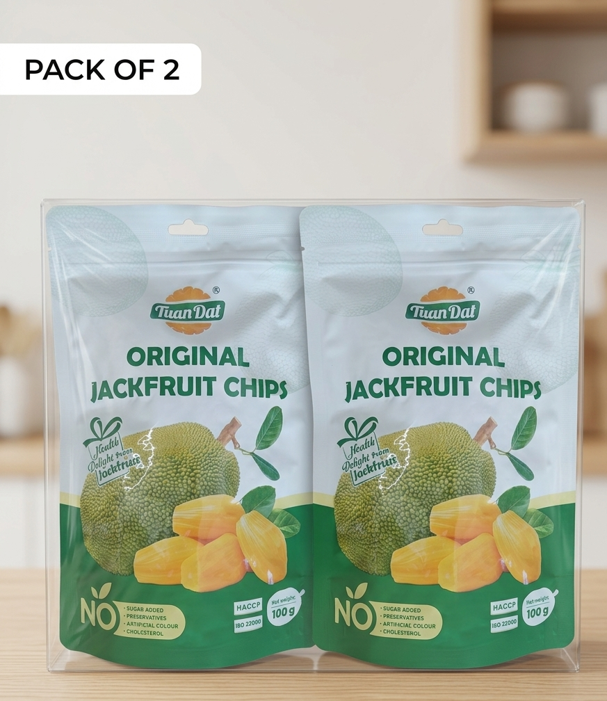 Reign Goods TuanDat Jackfruit Chips 100g, Vietnamese dried fruit snacks, vegan, gluten-free, crispy healthy snack in a clear bag.