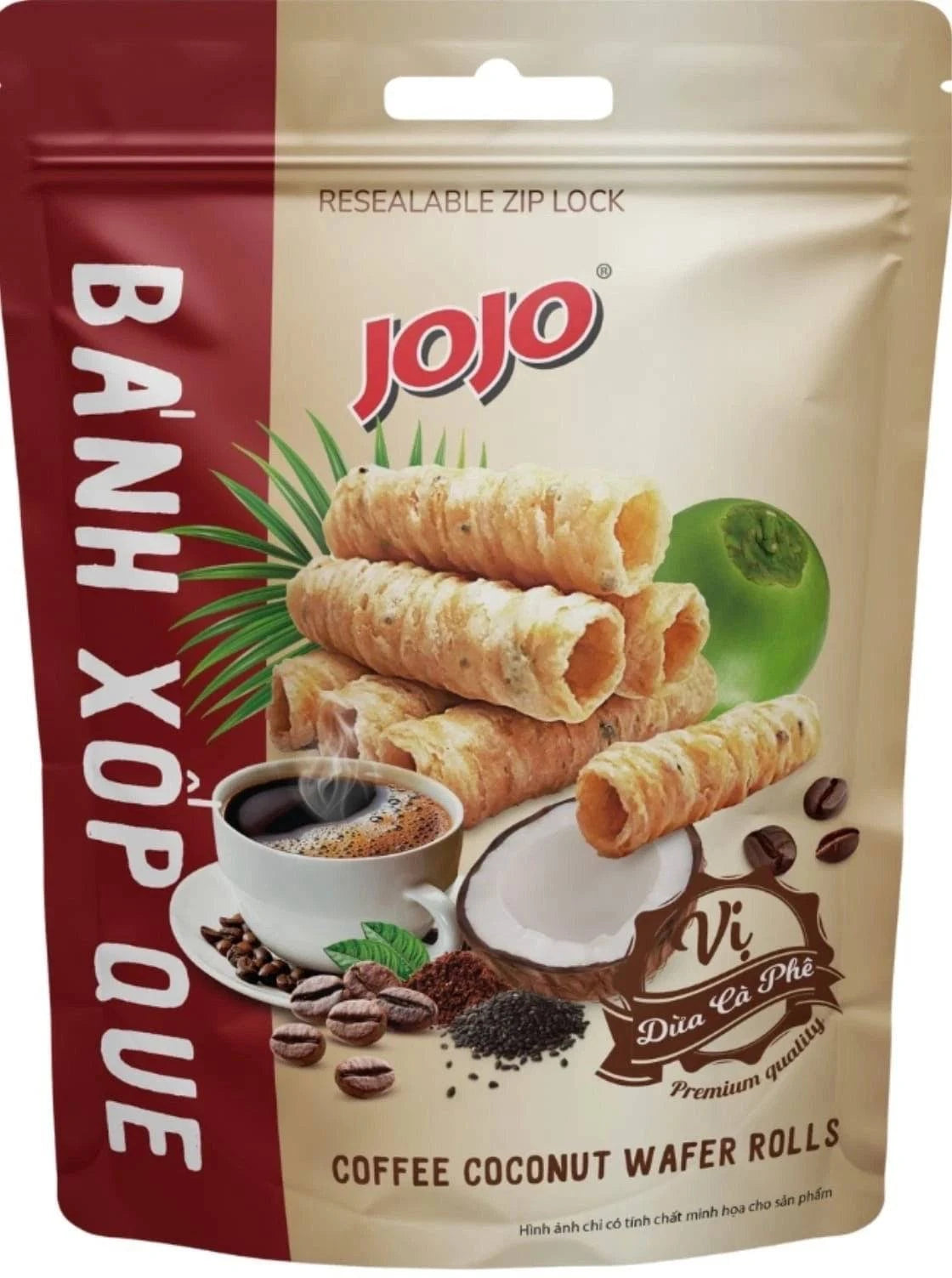 Reign Goods JoJo Coconut Wafer Rolls in a 3-pack, crispy and delicate coconut-flavored snack with original and coconut coffee options.