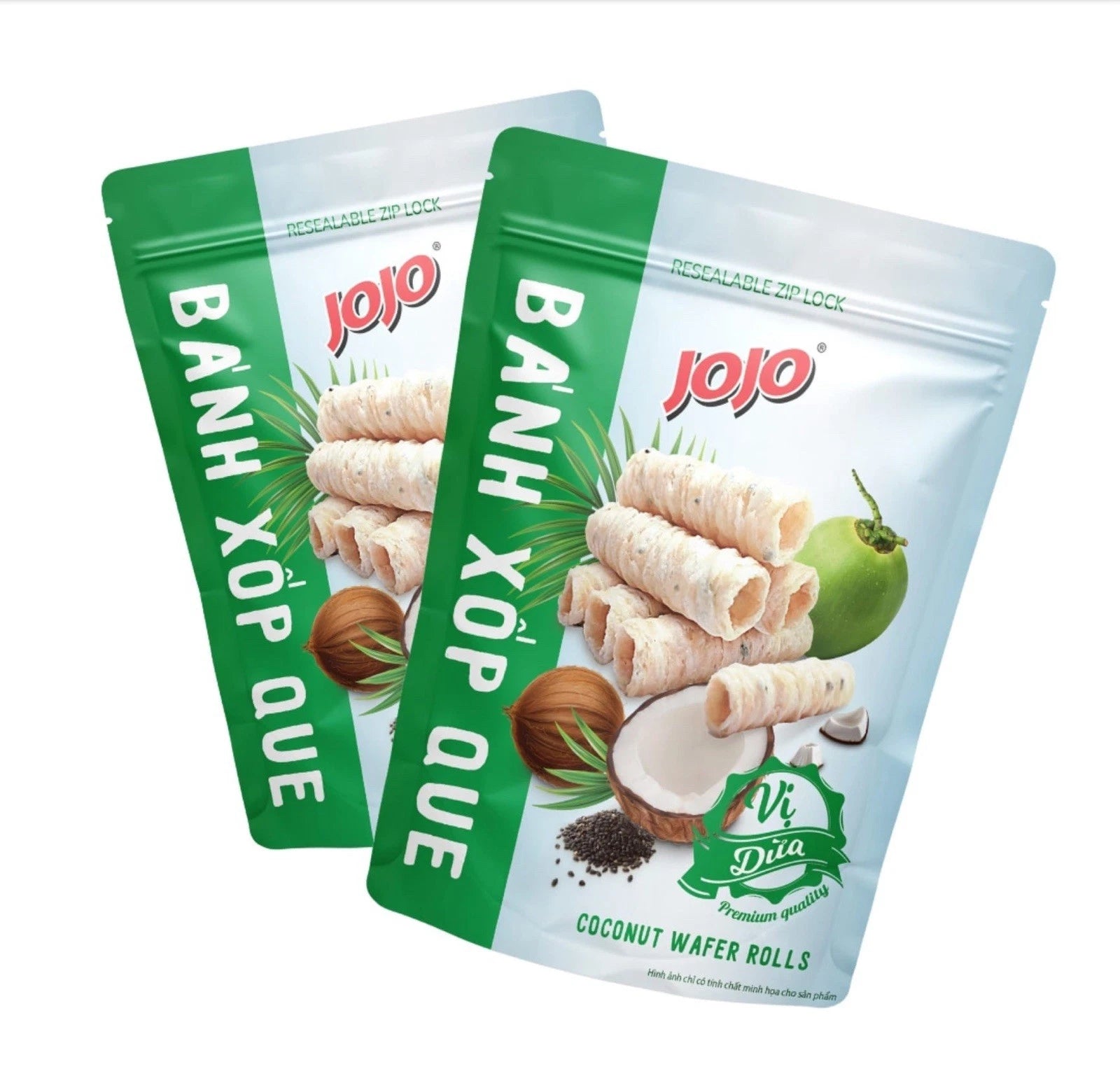 Reign Goods JoJo Coconut Wafer Rolls pack of 3, crispy and delicate snack sticks in original and coconut coffee flavors.