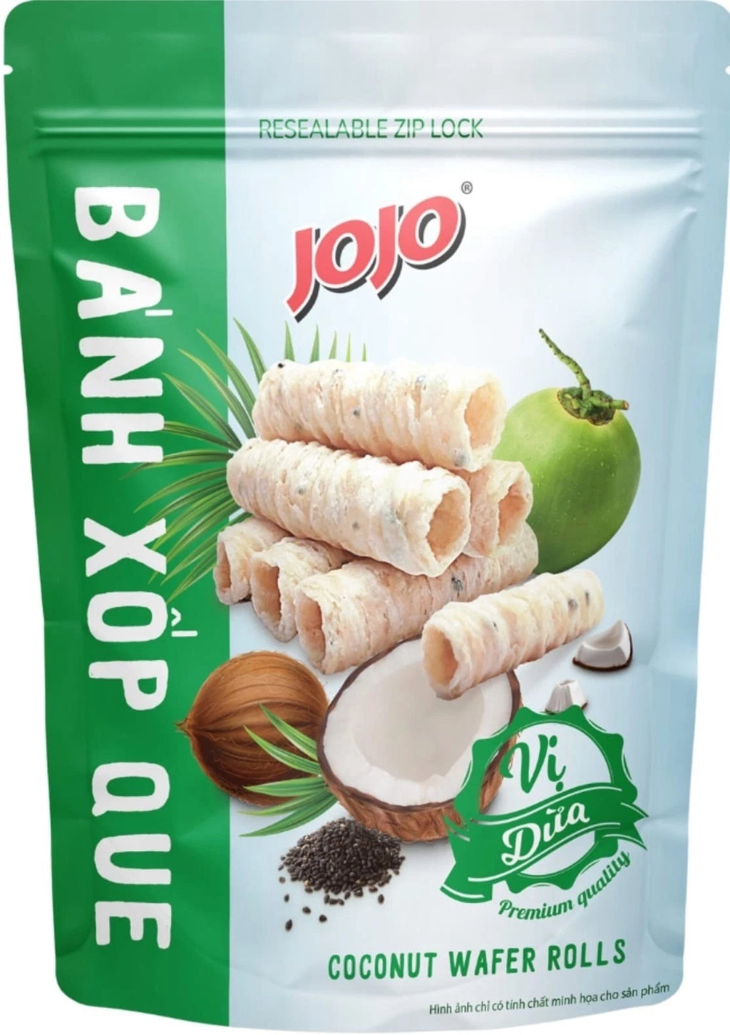 Reign Goods JoJo Coconut Wafer Rolls in a 3-pack, crispy snack with coconut flavor, displayed in a clear package.