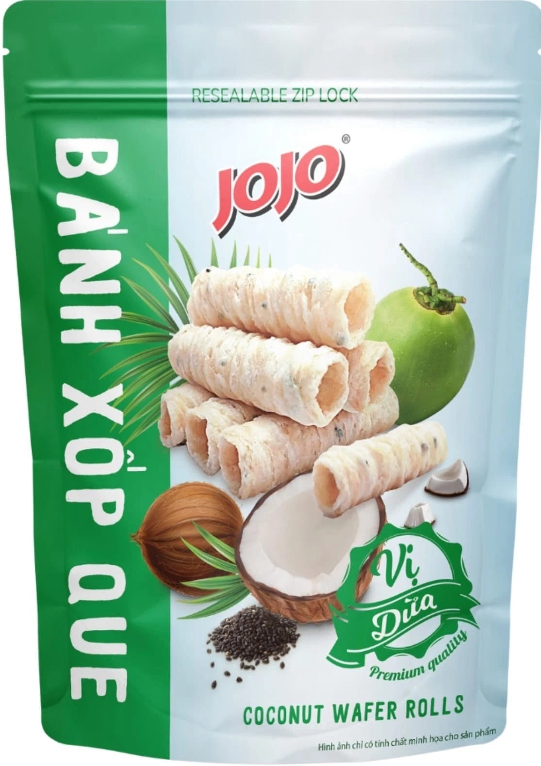 Reign Goods JoJo Coconut Wafer Rolls in a 3-pack, crispy snack with coconut flavor, displayed in a clear package.