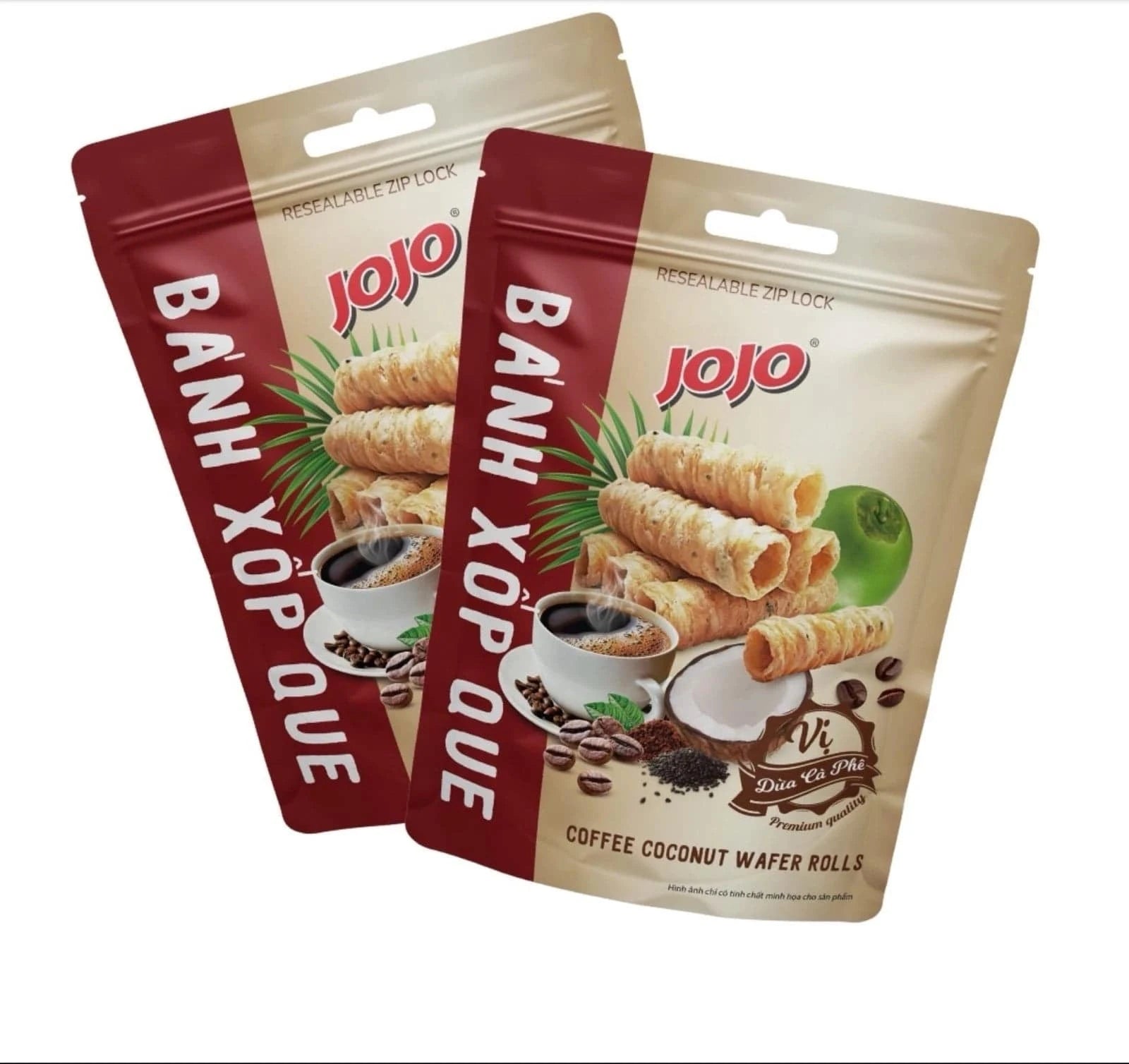 Reign Goods JoJo Coconut Wafer Rolls, 3-pack of crispy, delicate snack rolls in Original and Coconut Coffee flavors.