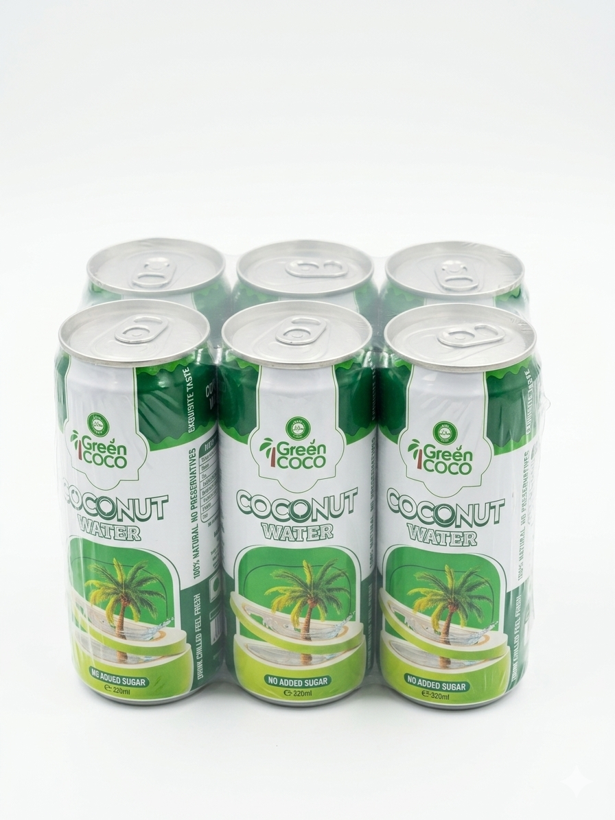 Six 320ml bottles of Reign Goods Green Coco Pure Coconut Water, no added sugar, soft drink in a multi-pack.