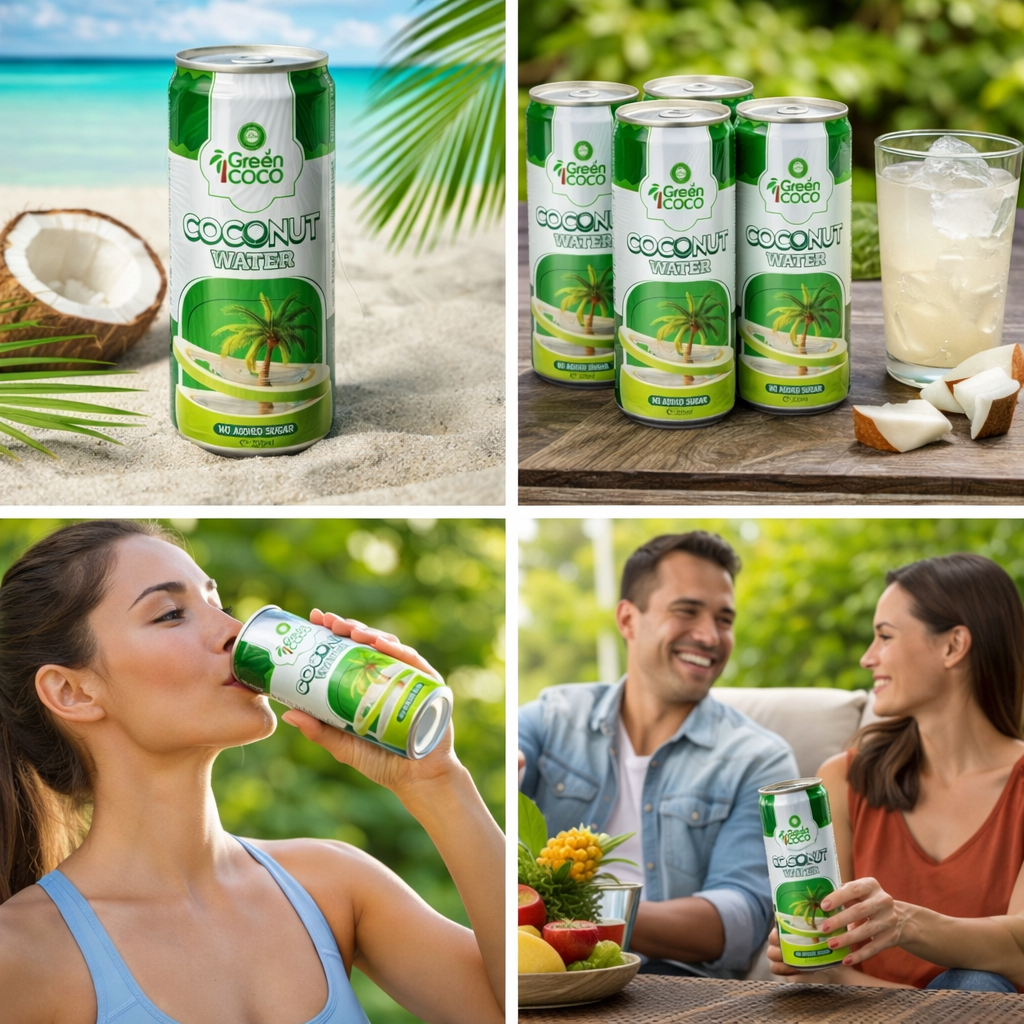 Six 320ml bottles of Reign Goods Green Coco Pure Coconut Water, no added sugar, in a pack of six.