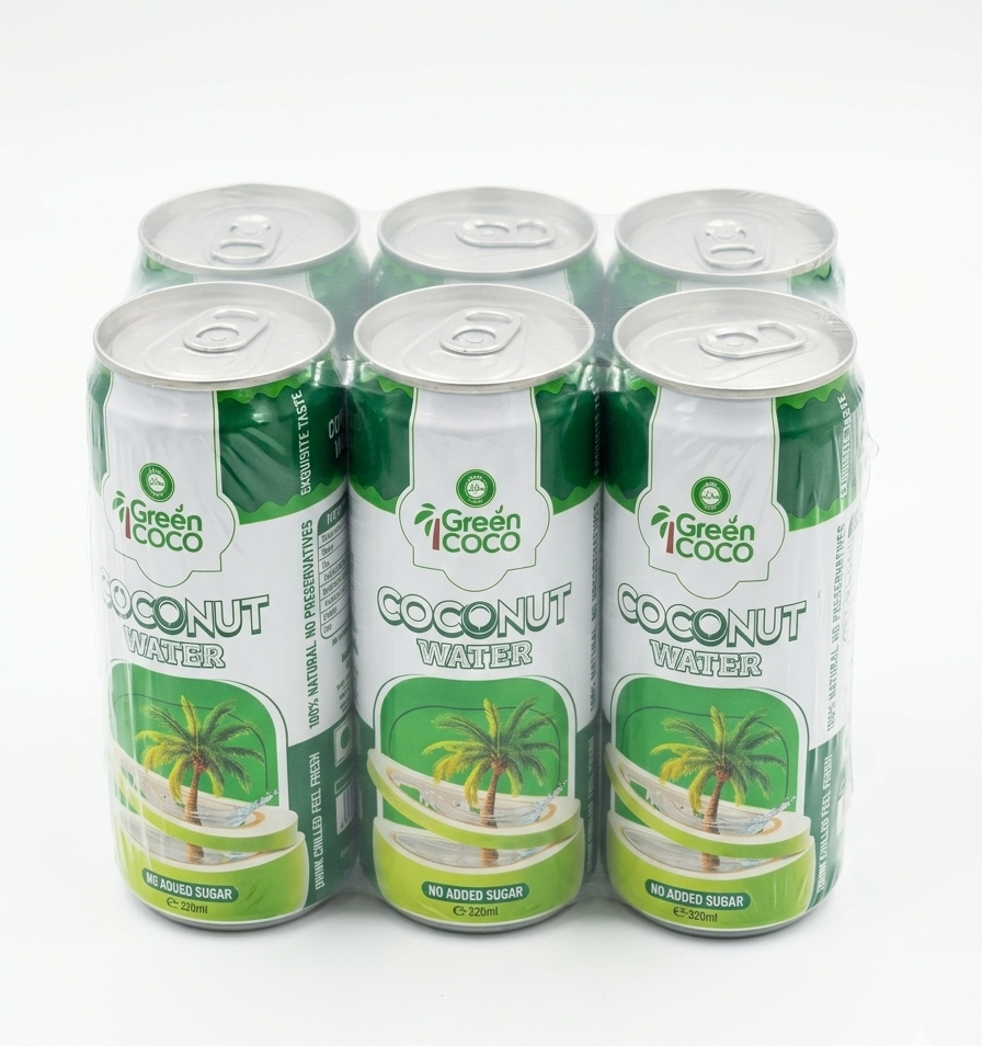 Six 320ml bottles of Reign Goods Green Coco Pure Coconut Water, no added sugar, in a pack of six soft drinks.