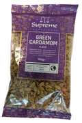 Green cardamom pods from Reign Goods, premium whole Elaichi spice for cooking and chai, shown in 200g and 700g packages.