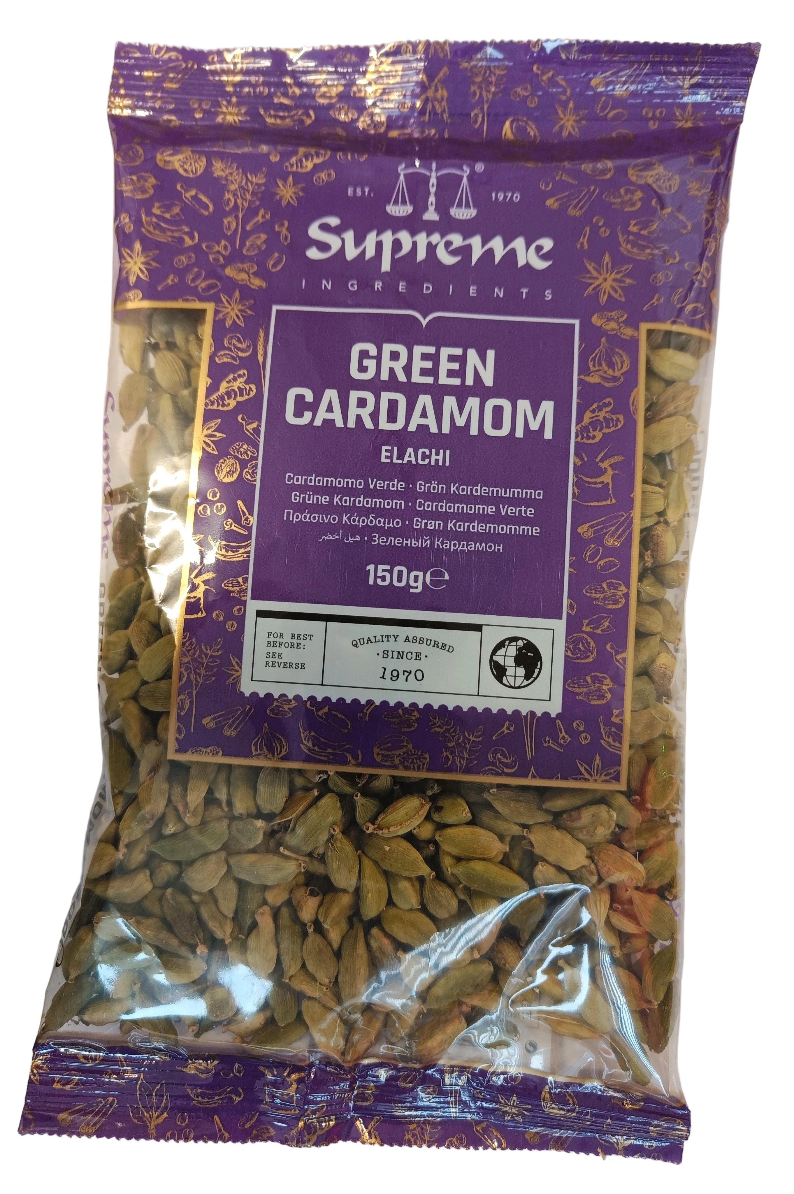 Green cardamom pods from Reign Goods, premium whole Elaichi spice for cooking and chai, shown in 200g and 700g packages.