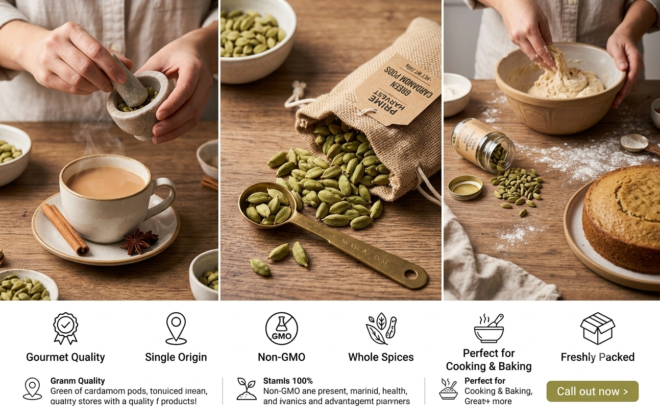 Green cardamom pods from Reign Goods, premium whole Elaichi spice for cooking and chai, shown in 200g and 700g packages.