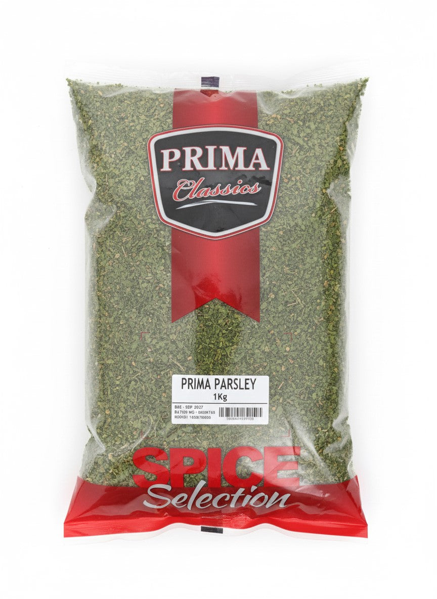 Reign Goods dried parsley leaves 1kg jar, fresh green herb for cooking, sauces, and seasoning in a clear container