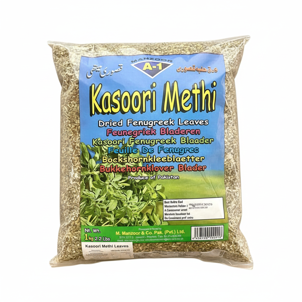 Reign Goods Kasoori Methi 1kg premium dried fenugreek leaves in a bulk pack, ideal for authentic Indian cooking and restaurant-quality herbs.