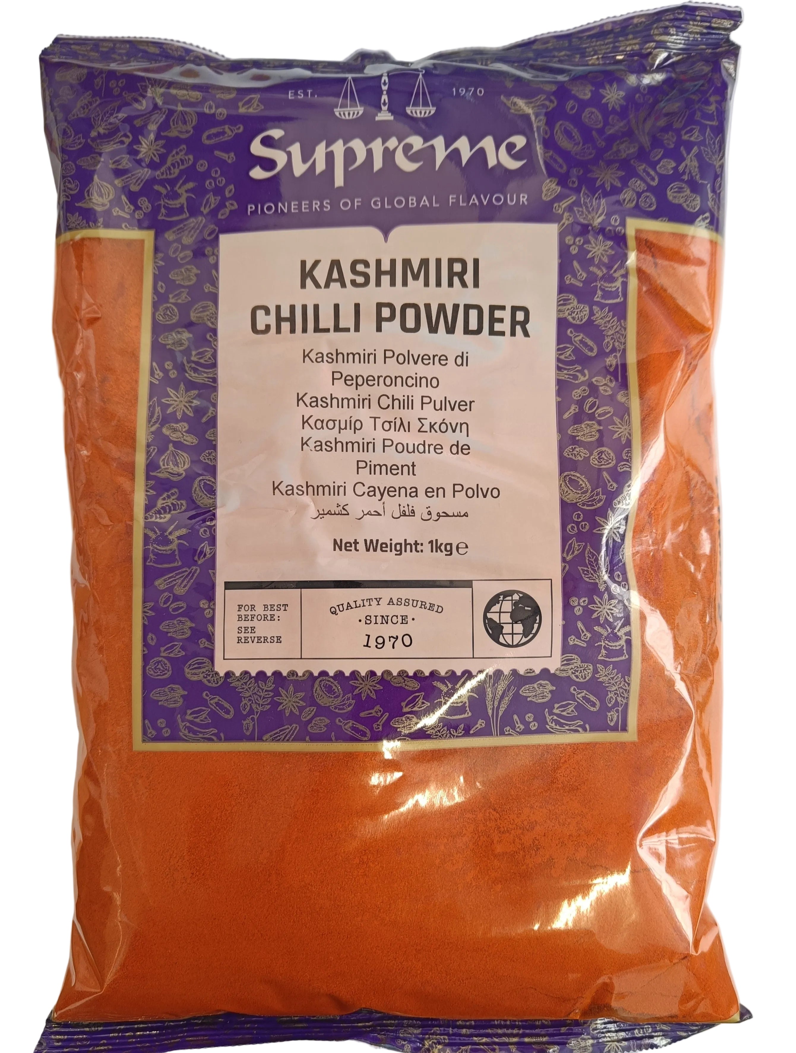 Reign Goods Kashmiri Chilli Powder 1kg, vibrant red Indian spice with mild heat, ideal for curries, tandoori, and marinades.