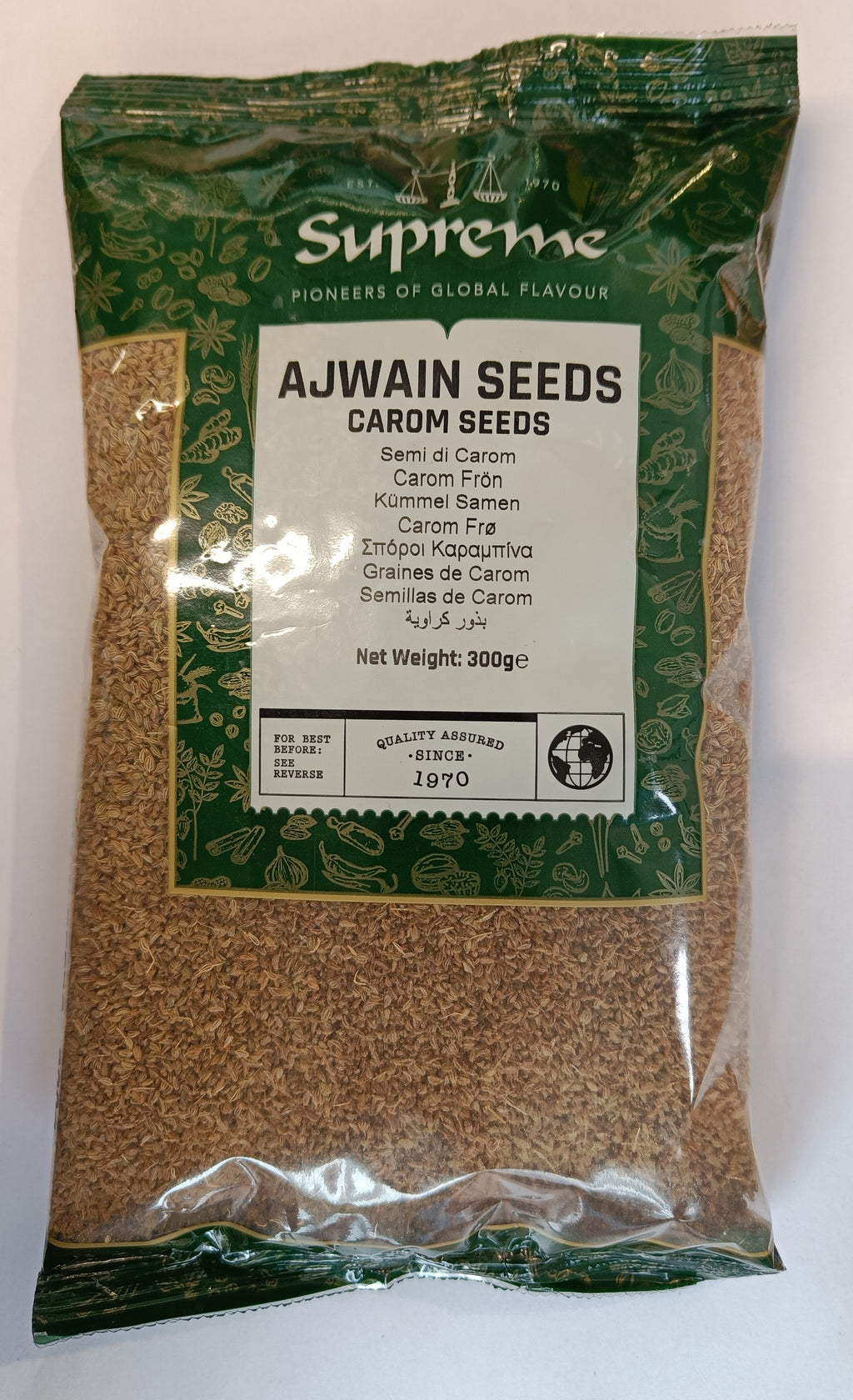 Reign Goods Supreme Ajwain Seeds 300g, whole carom seeds for cooking and bread, shown in a clear image.