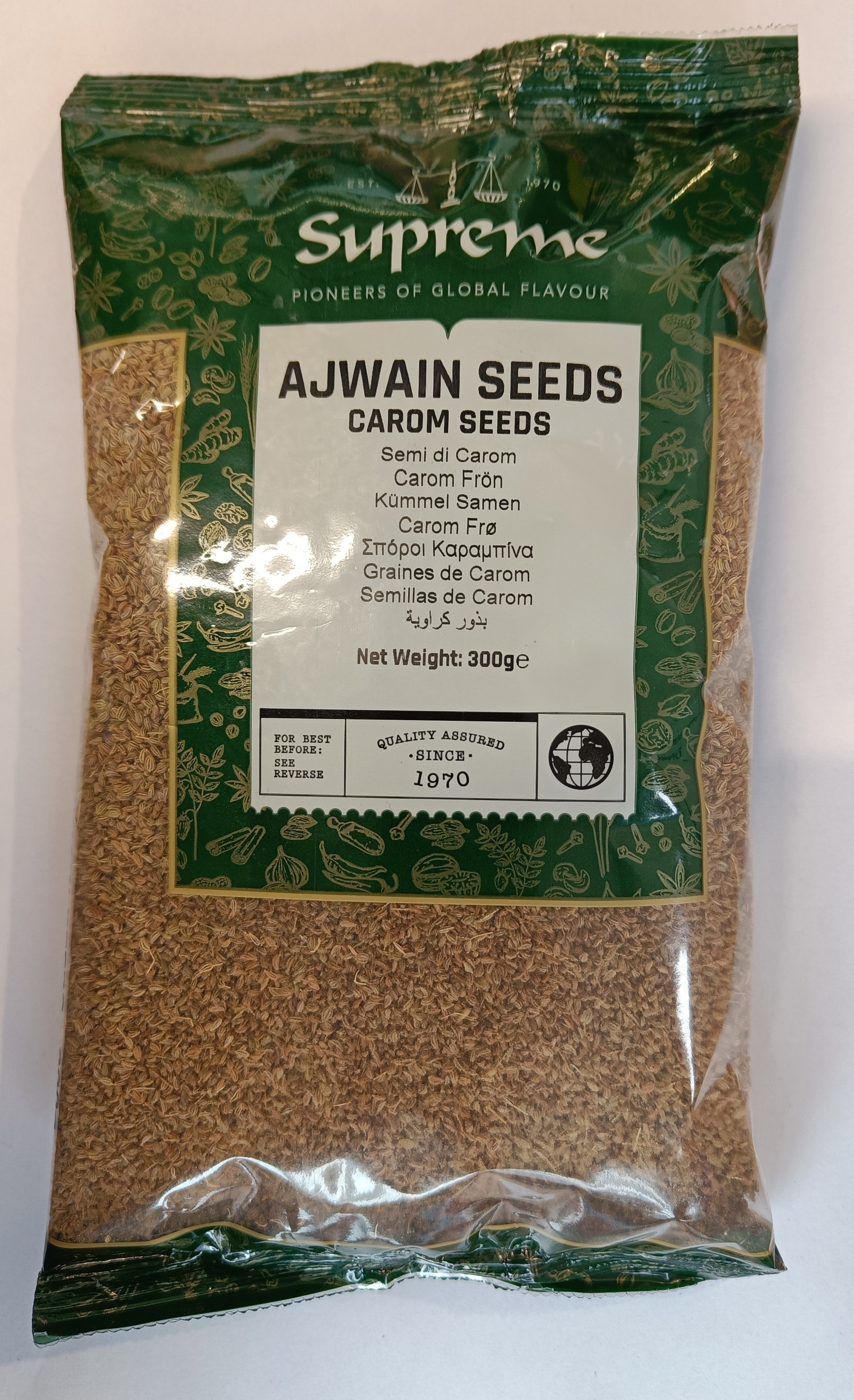 Reign Goods Supreme Ajwain Seeds 300g, whole carom seeds for cooking and bread, shown in a clear image.