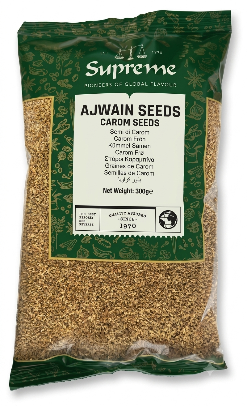 Reign Goods Supreme Ajwain Seeds 300g, whole carom seeds for cooking, bread, herbs, and spices, shown in a clear package.