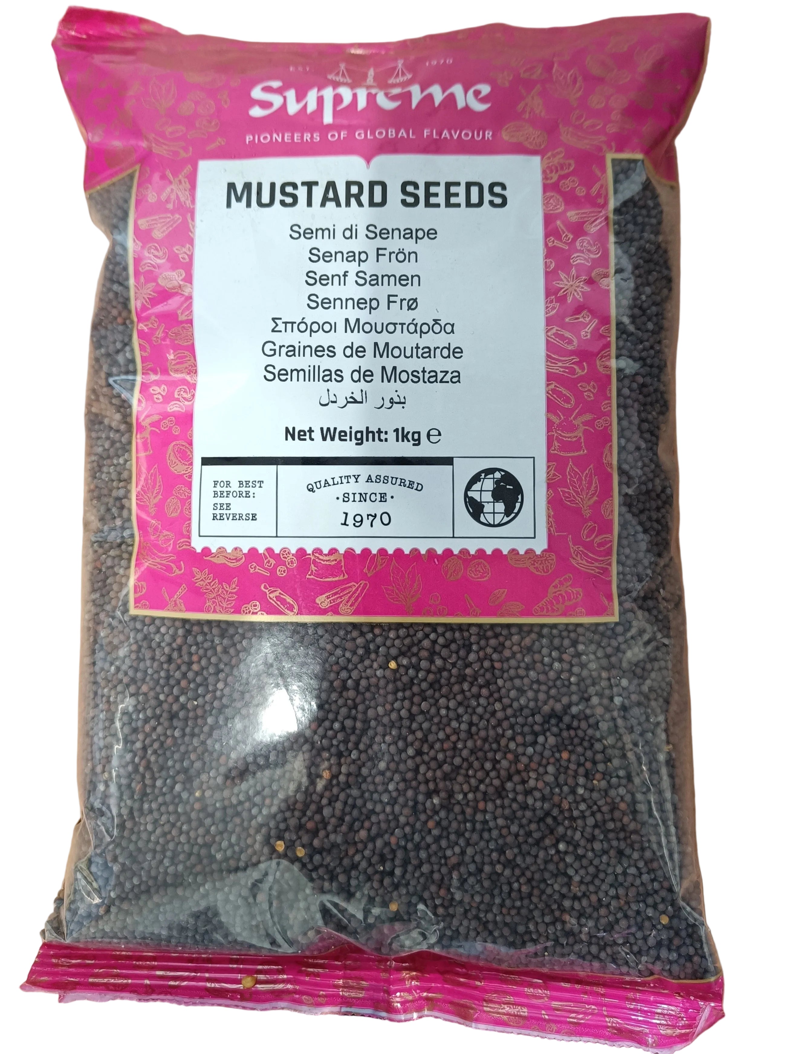 Reign Goods Supreme Mustard Seeds 1kg, whole yellow mustard seeds for cooking and pickling in a clear container.