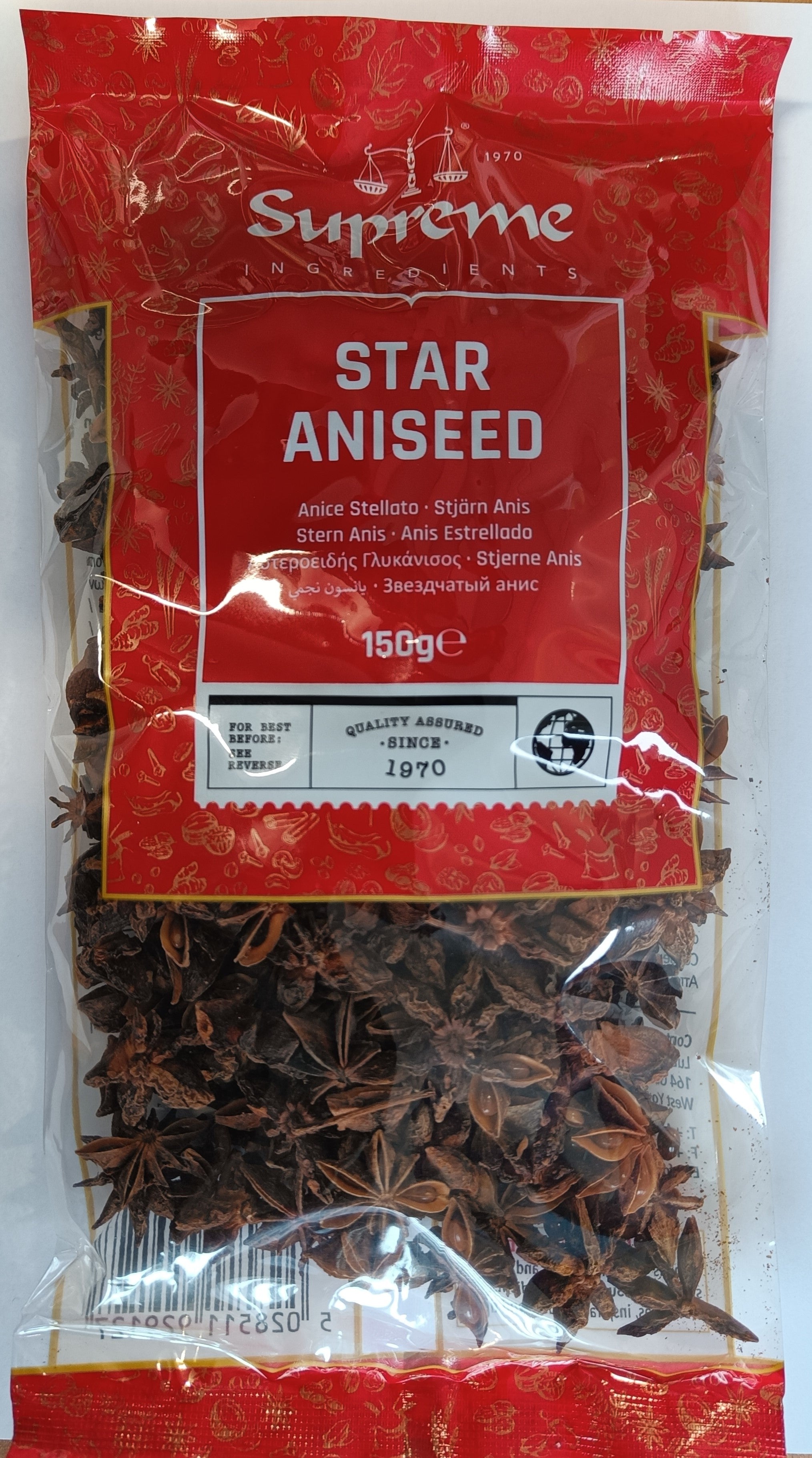 Whole dried Supreme Star Anise spice from Reign Goods in a 150g package, ideal for cooking and spice blends.
