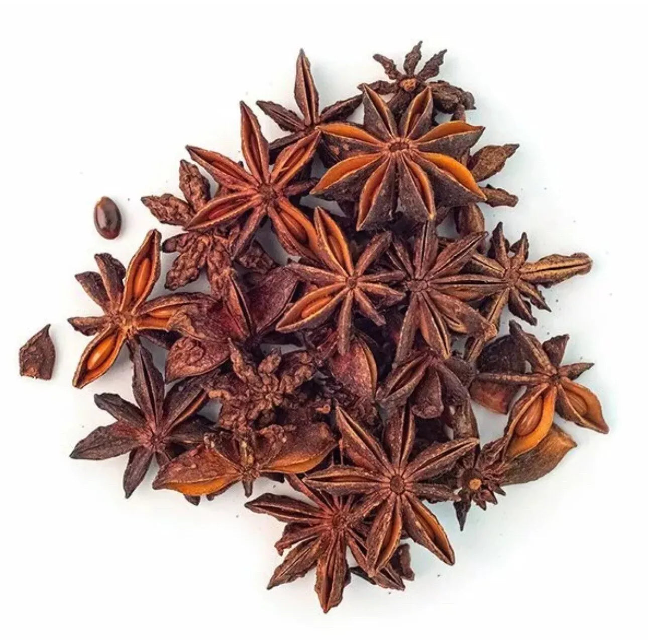 Whole dried Supreme Star Anise spice from Reign Goods, used for cooking and spice blends, shown in a clear container.