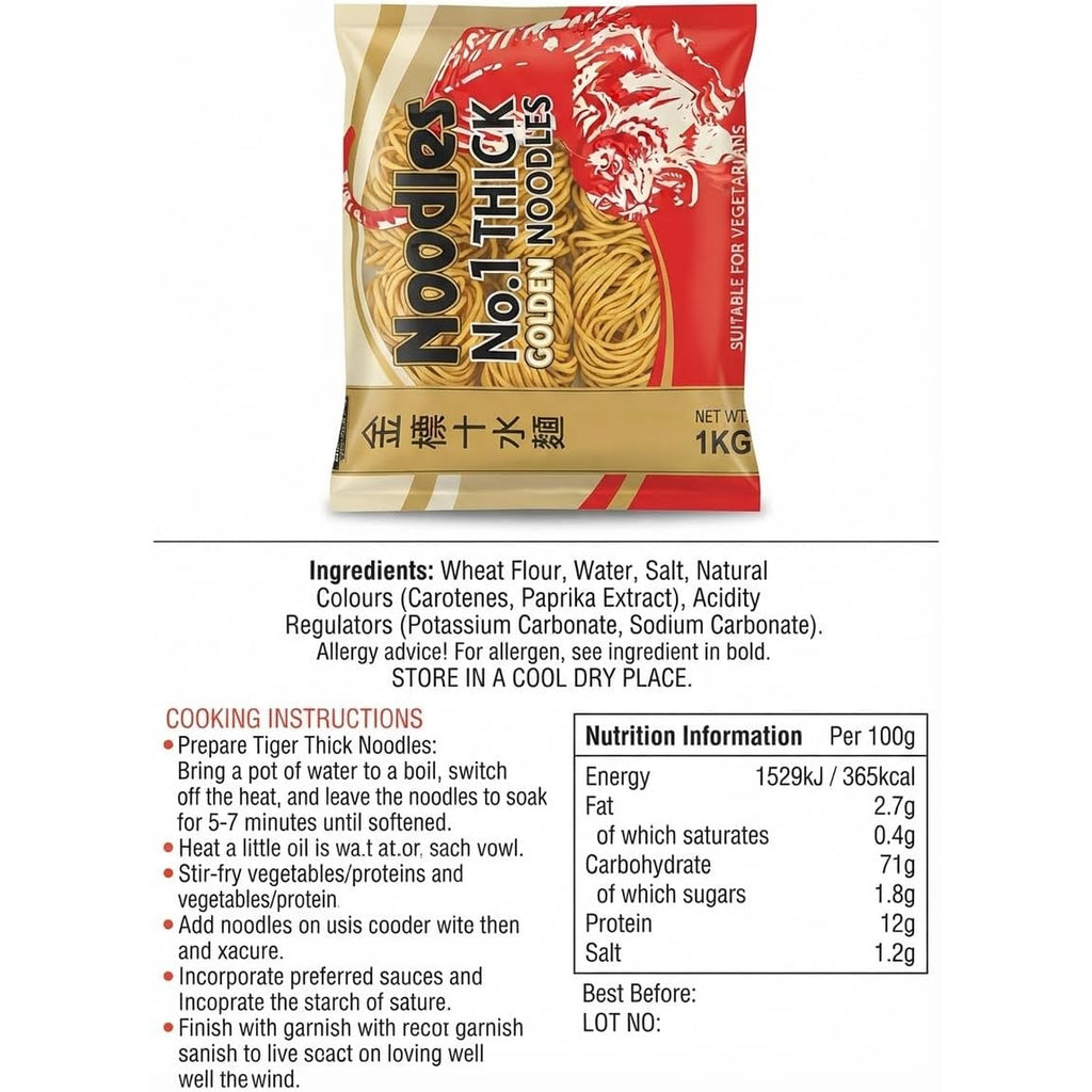 Tiger Tiger No.1 Thick Golden Noodles 1kg pack, showing a steaming bowl of cooked noodles with a glossy golden appearance.