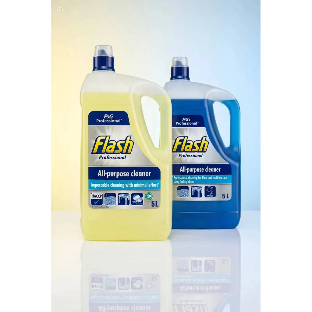 Flash Professional All Purpose Cleaner 5L bottle, bulk multi-surface cleaning product, with a bright label and blue cap.