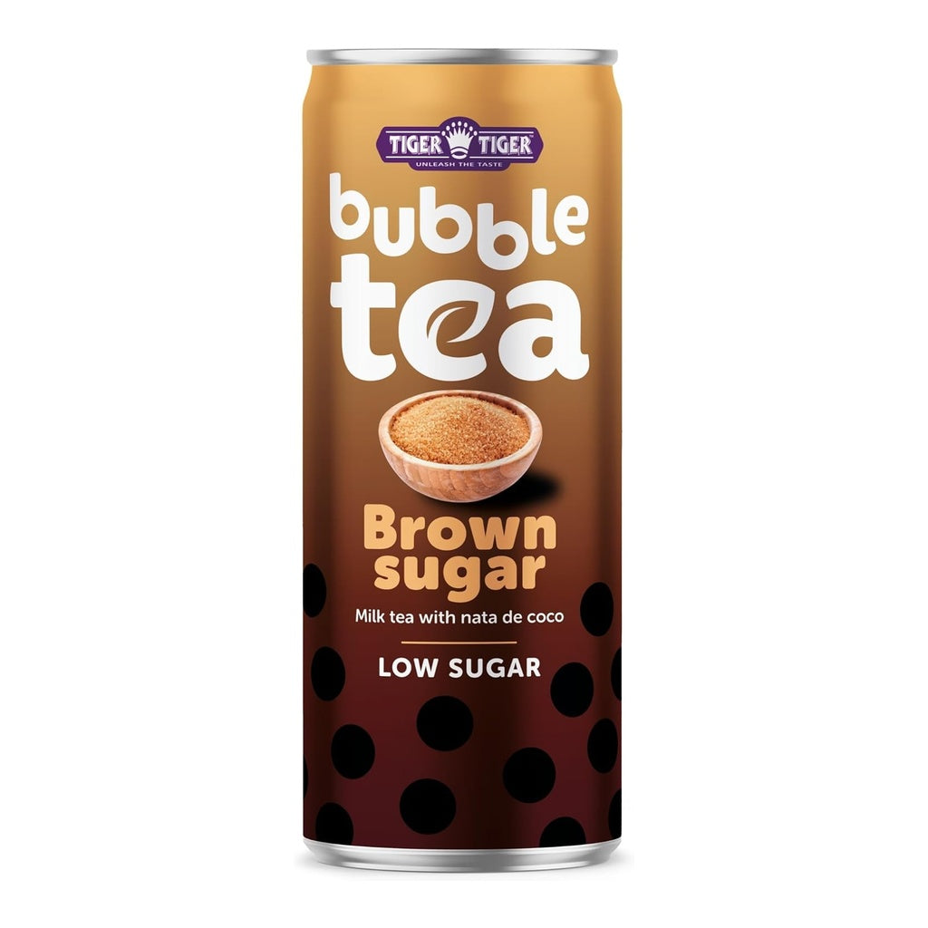 Tiger Tiger bubble tea with brown sugar and matcha, 320ml, Nata de Coco, in a multipack, served in a clear cup with tapioca pearls