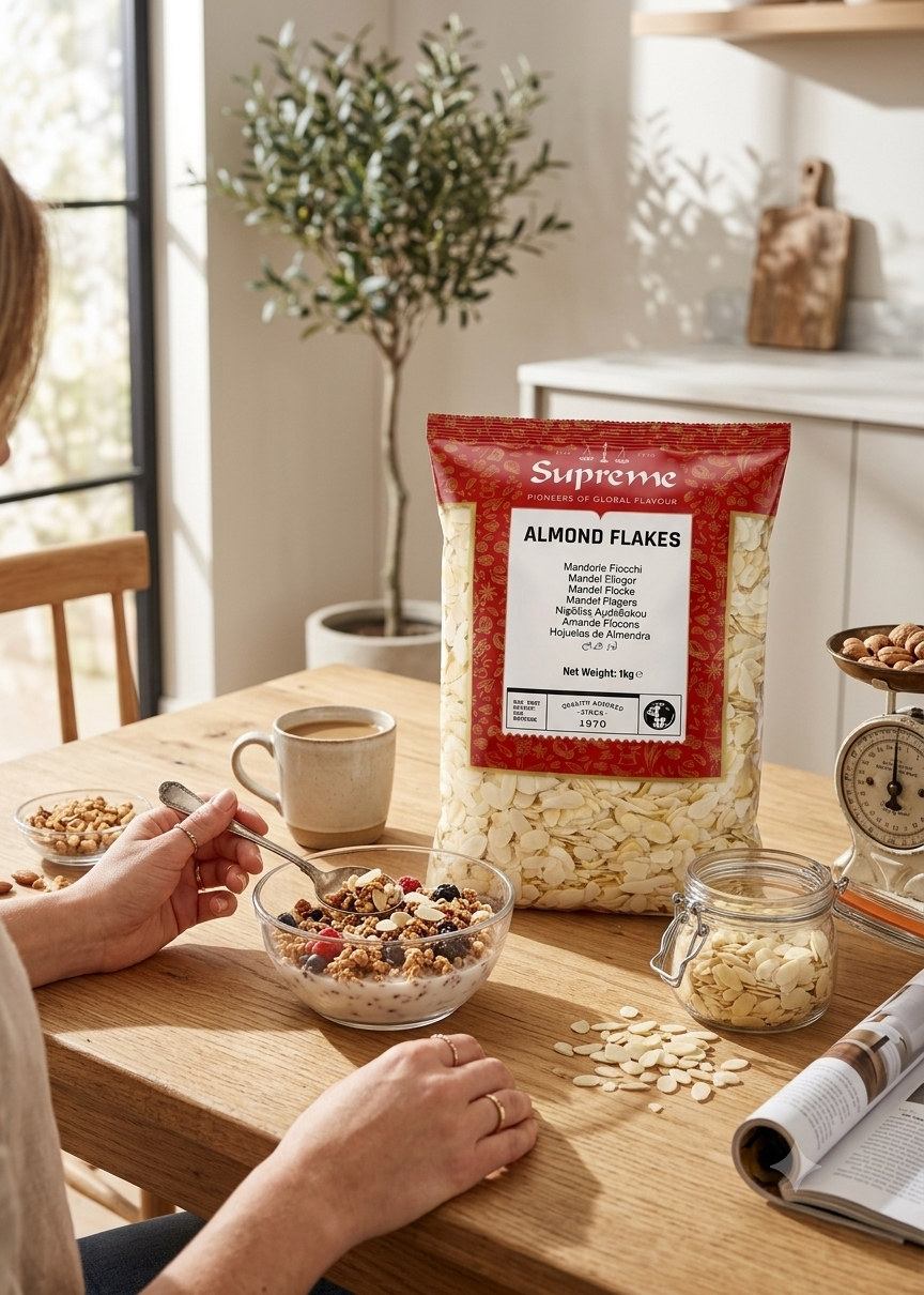 Premium Supreme almond flakes in a 1kg bag, natural sliced almonds ideal for baking, cooking, and topping.