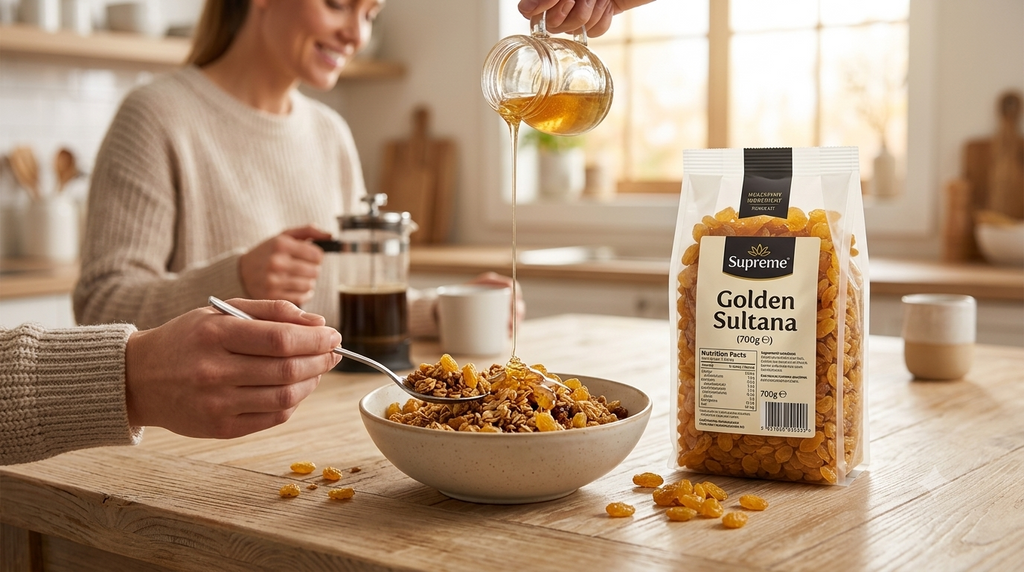 Supreme Heera Golden Sultanas in a 700g package, dried fruit ideal for baking, cooking, and snacking, shown in a clear image.