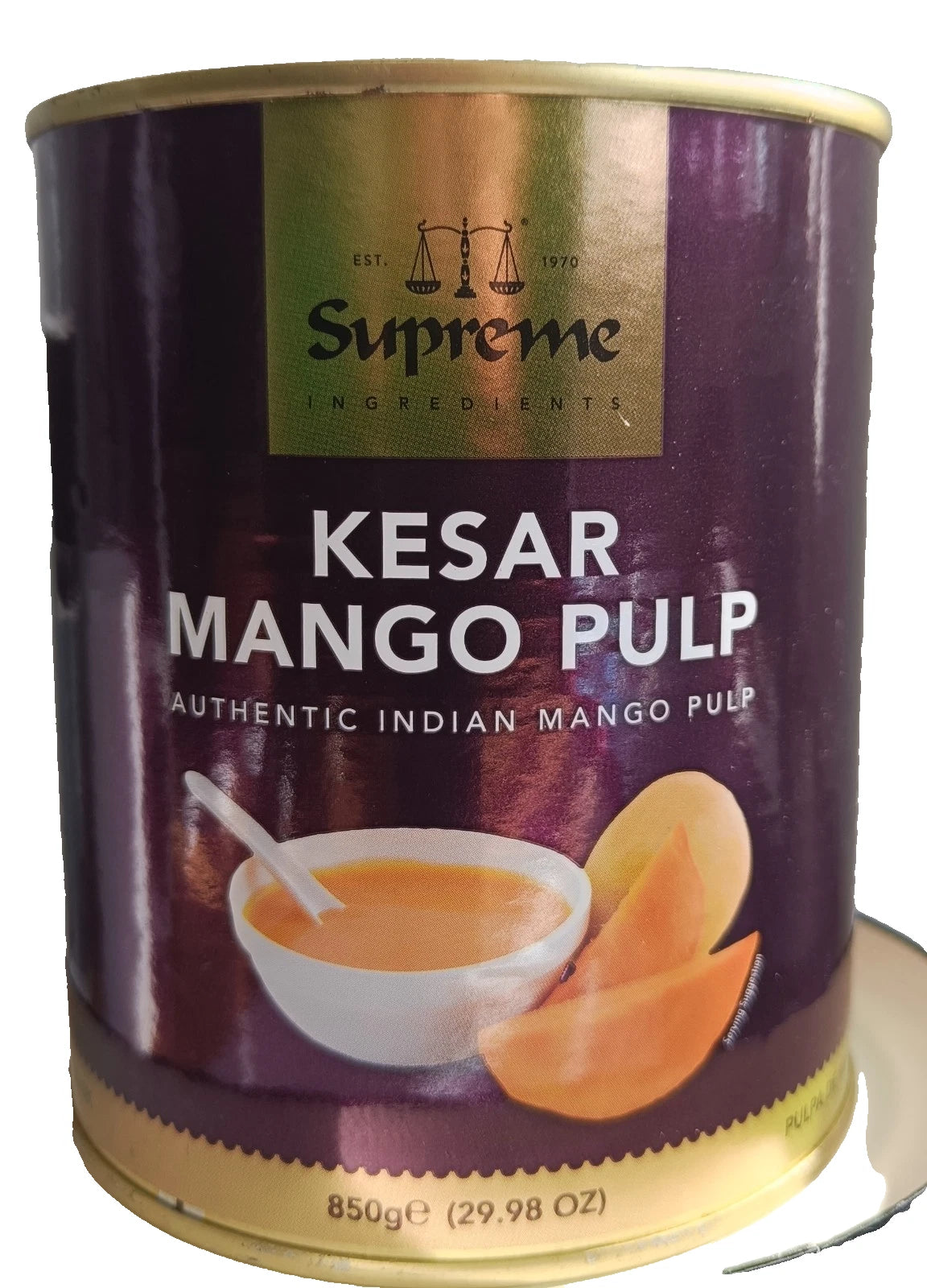 Supreme Kesar Mango Pulp 850g in a sealed jar, showcasing vibrant orange mango pulp, authentic Indian fruit pulp and preserves.