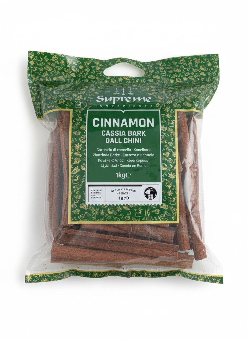 Supreme Cinnamon Sticks 1kg, whole cassia quills, long spice sticks for cooking and baking, natural and aromatic.