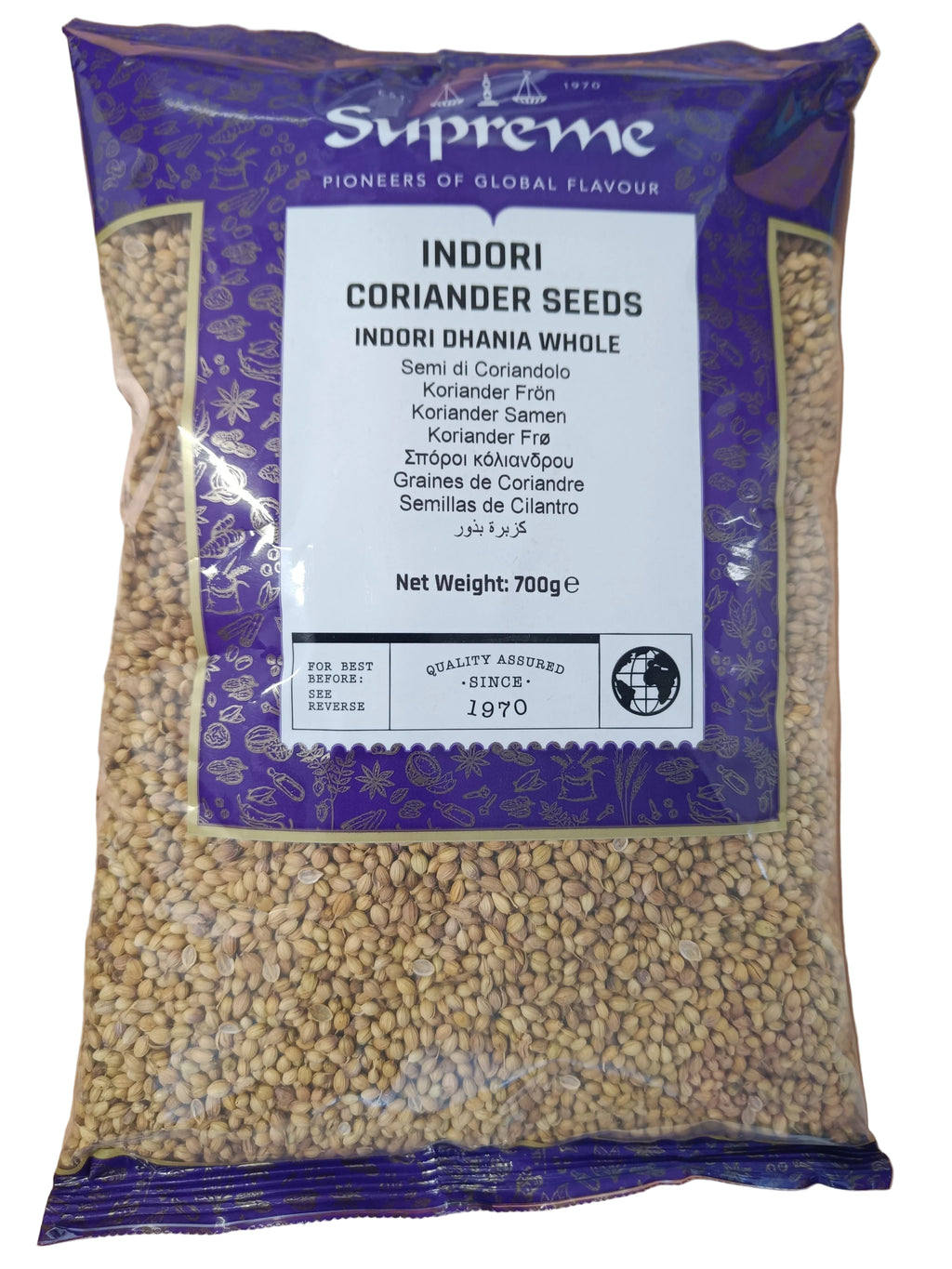 Supreme coriander seeds in a 700g bag, whole dried coriander spice for cooking and spice blends, on a kitchen surface.