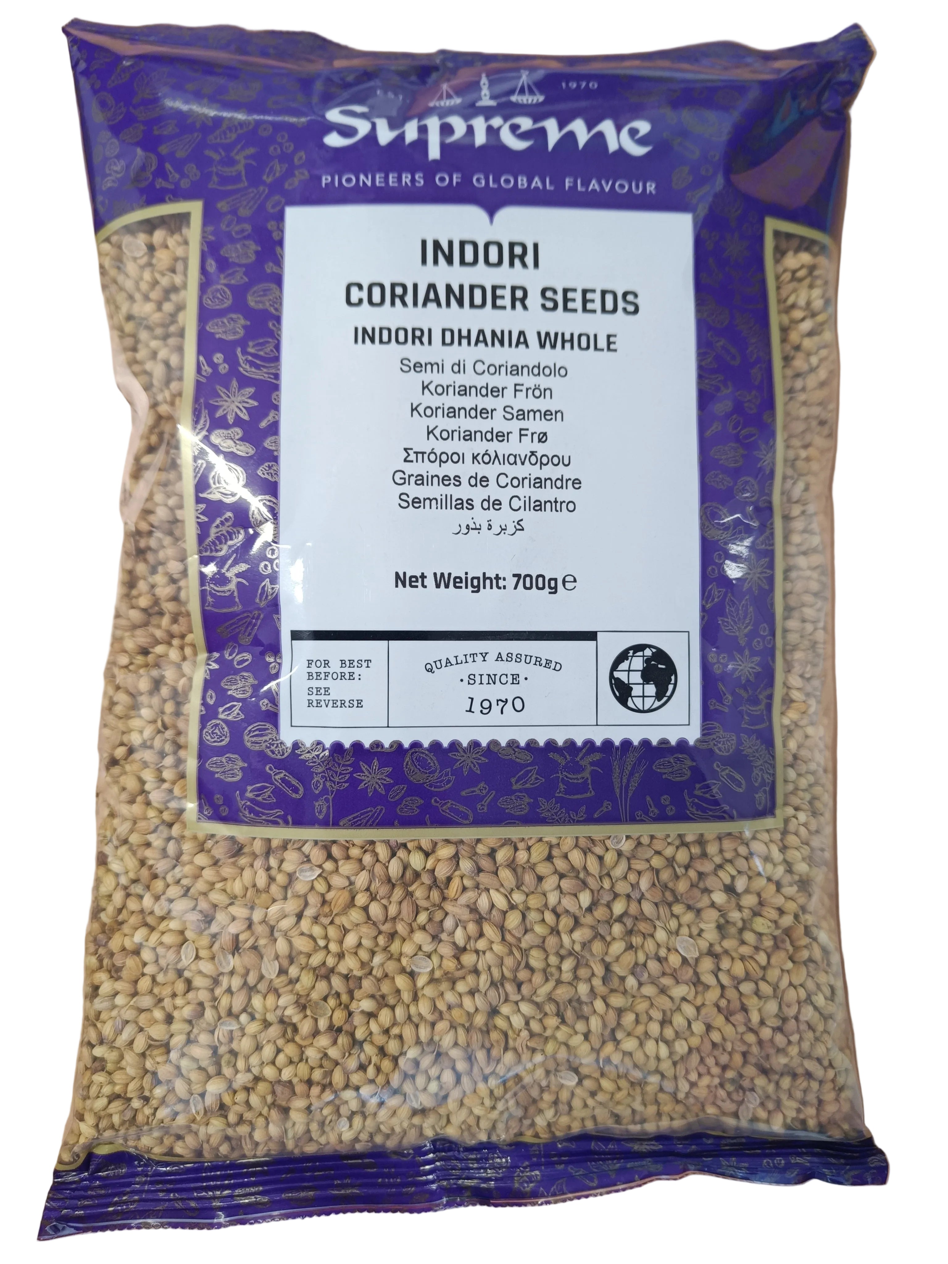 Supreme coriander seeds in a 700g bag, whole dried coriander spice for cooking and spice blends, on a kitchen surface.