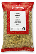 Supreme Fennel Seeds 1kg, whole dried fennel for Indian cooking and spice blends, fresh and aromatic spice in a clear container.