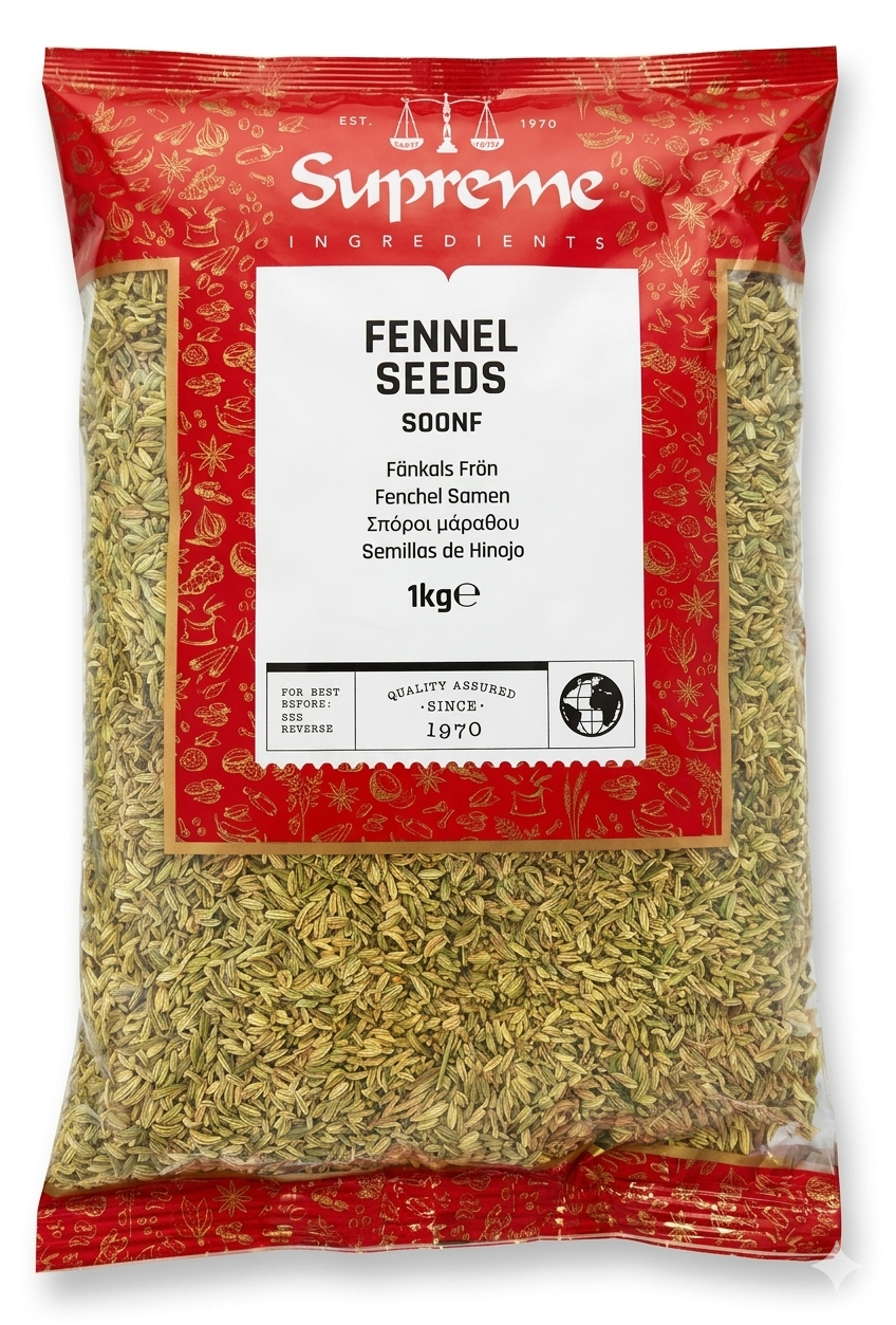 Supreme Fennel Seeds 1kg, whole dried fennel for Indian cooking and spice blends, fresh and aromatic spice in a clear container.