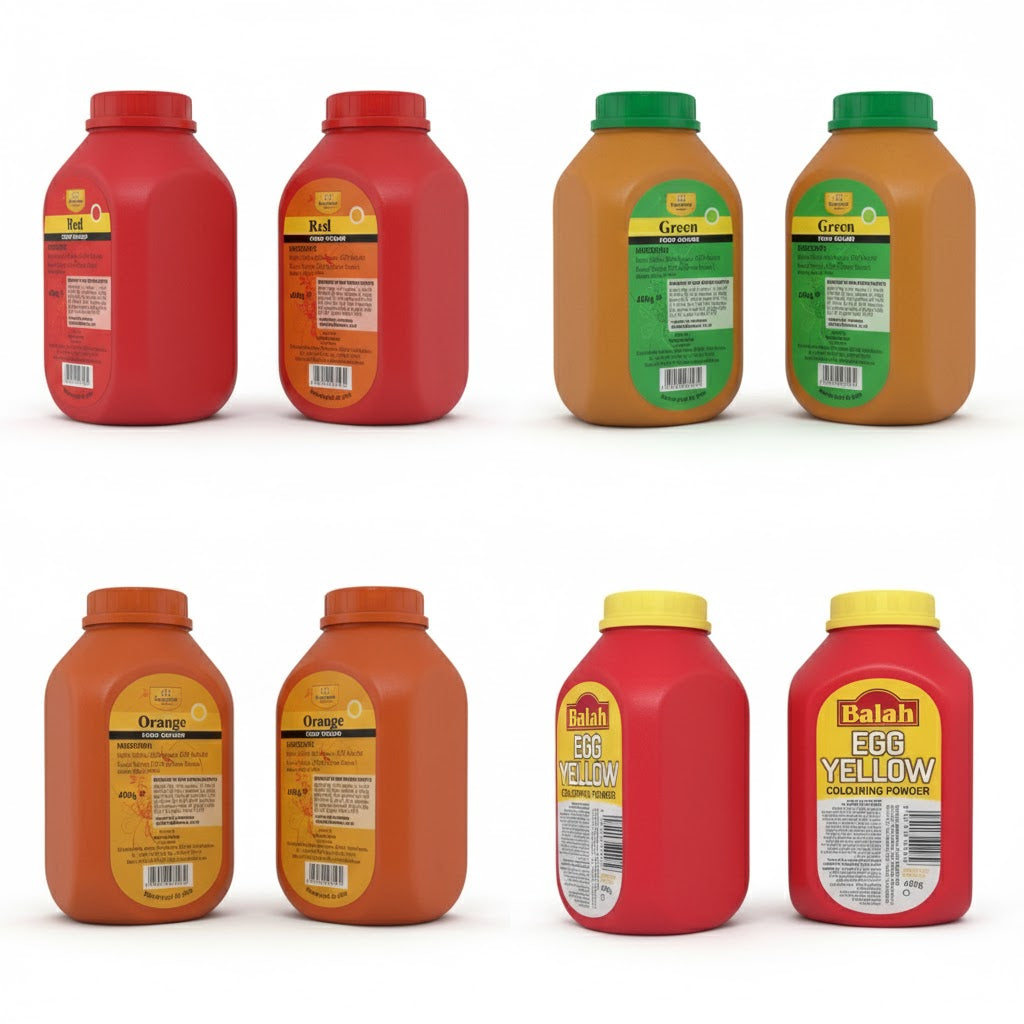 Supreme red, orange, green, and yellow edible food coloring powder in a 400g jar, used for baking and decorating.