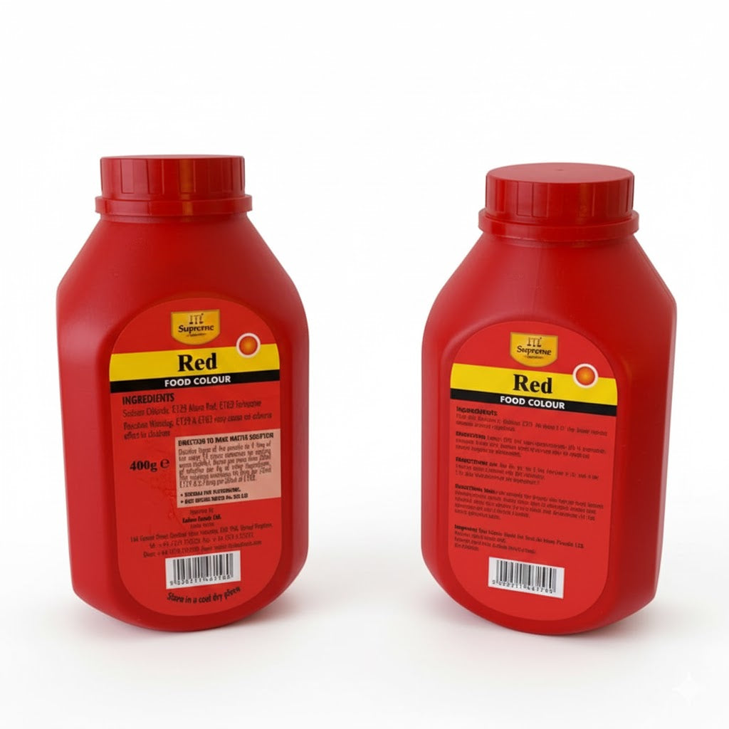 Supreme red, orange, green, and yellow food colouring powder in a 400g container, used for baking and decorating.